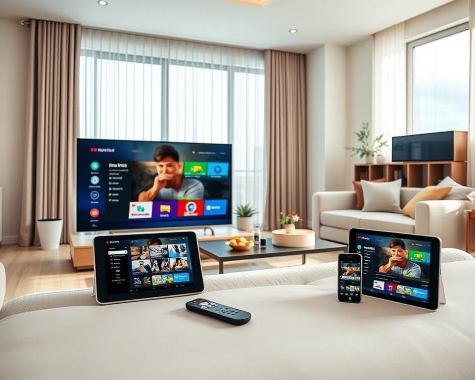 A bright and modern living room scene showcasing the installation of IPTV Smarter Pro on various compatible devices. In the foreground, a sleek Smart TV displaying the IPTV interface, with a tablet and smartphone beside it showing similar content for a cohesive look. The middle ground features a stylish coffee table with a remote control and snacks, enhancing the inviting home atmosphere. In the background, large windows allow natural light to flood the space, highlighting soft curtains and tasteful decor. The room has a warm, welcoming vibe, with smooth lines and a tidy layout. Use soft lighting to create an inviting mood, emphasizing a sense of ease in technology setup. An angle from slightly above captures the harmony of the scene without any people featured. A bright and modern living room scene showcasing the installation of IPTV Smarter Pro on various compatible devices. In the foreground, a sleek Smart TV displaying the IPTV interface, with a tablet and smartphone beside it showing similar content for a cohesive look. The middle ground features a stylish coffee table with a remote control and snacks, enhancing the inviting home atmosphere. In the background, large windows allow natural light to flood the space, highlighting soft curtains and tasteful decor. The room has a warm, welcoming vibe, with smooth lines and a tidy layout. Use soft lighting to create an inviting mood, emphasizing a sense of ease in technology setup. An angle from slightly above captures the harmony of the scene without any people featured.
