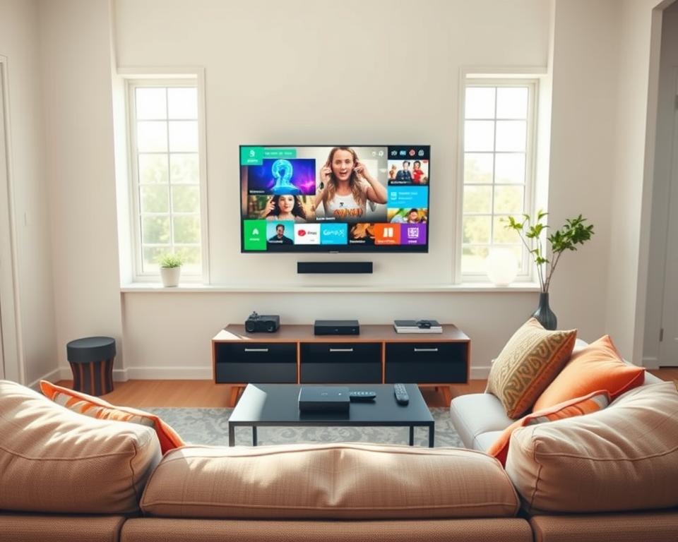 A bright, welcoming living room featuring a simple, modern television setup. In the foreground, a sleek TV sits mounted on a wall, displaying vibrant content. A cozy couch with neutral tones is positioned directly in front of the television, adorned with colorful throw pillows. In the middle, a stylish entertainment console holds various electronic devices, like a streaming box and remote controls, neatly organized. Soft, natural light streams in from large windows, creating a warm and inviting atmosphere. The walls are painted in a light color to enhance brightness. The mood is relaxed and inviting, showcasing the ease of installation and functionality of IPTV services for a contemporary lifestyle. A bright, welcoming living room featuring a simple, modern television setup. In the foreground, a sleek TV sits mounted on a wall, displaying vibrant content. A cozy couch with neutral tones is positioned directly in front of the television, adorned with colorful throw pillows. In the middle, a stylish entertainment console holds various electronic devices, like a streaming box and remote controls, neatly organized. Soft, natural light streams in from large windows, creating a warm and inviting atmosphere. The walls are painted in a light color to enhance brightness. The mood is relaxed and inviting, showcasing the ease of installation and functionality of IPTV services for a contemporary lifestyle.