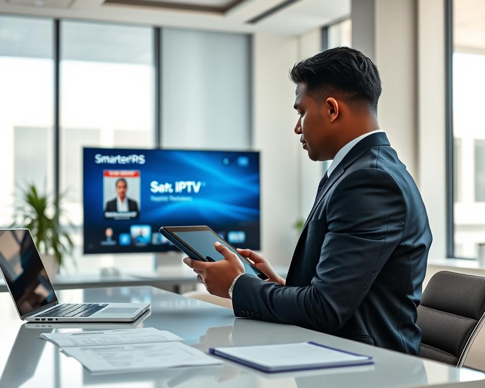 A clean and modern office environment featuring a professional individual in business attire, focused and engaged while troubleshooting a digital device displaying the Smarters IPTV interface. The foreground shows the individual, a person of diverse ethnicity with short dark hair, attentively examining the screen and utilizing a tablet for problem-solving. In the middle ground, a sleek desk with a laptop, paperwork related to IPTV services, and a notepad with notes. The background is softly blurred, depicting a bright office space with large windows letting in natural light, creating a calm and productive atmosphere. The overall mood is one of clarity and determination, emphasizing the theme of resolving IPTV issues effectively. A clean and modern office environment featuring a professional individual in business attire, focused and engaged while troubleshooting a digital device displaying the Smarters IPTV interface. The foreground shows the individual, a person of diverse ethnicity with short dark hair, attentively examining the screen and utilizing a tablet for problem-solving. In the middle ground, a sleek desk with a laptop, paperwork related to IPTV services, and a notepad with notes. The background is softly blurred, depicting a bright office space with large windows letting in natural light, creating a calm and productive atmosphere. The overall mood is one of clarity and determination, emphasizing the theme of resolving IPTV issues effectively.