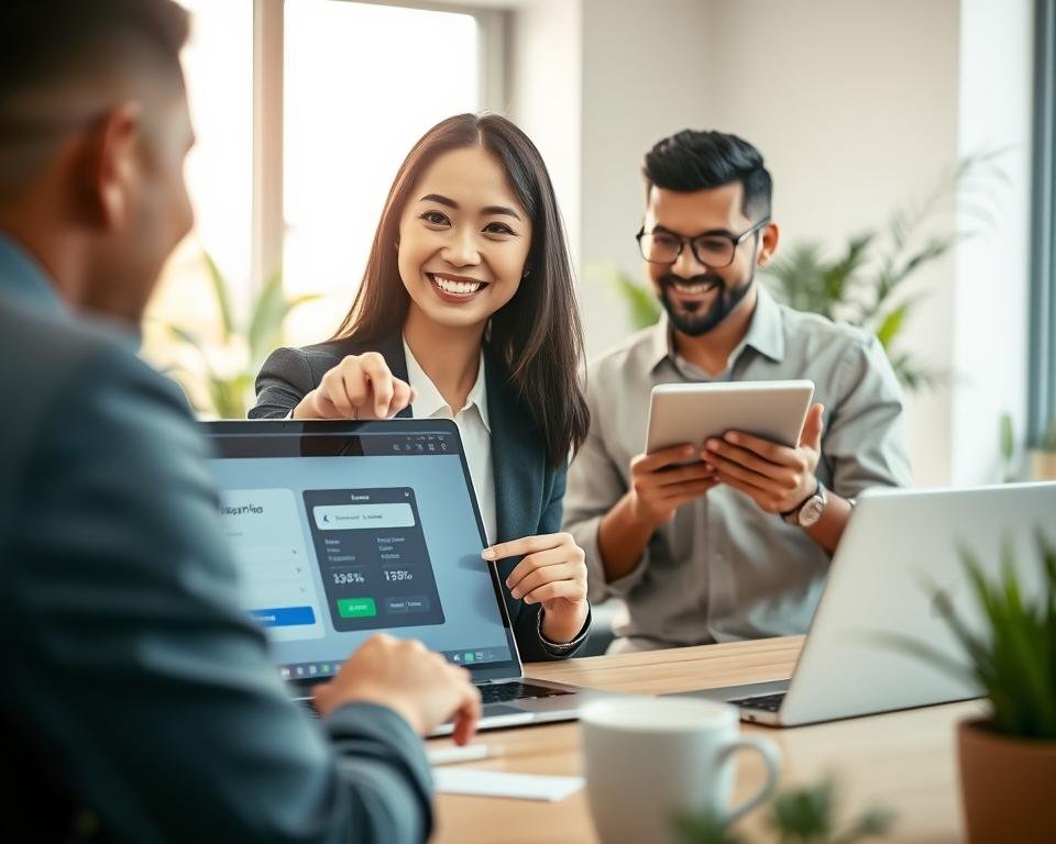 A clean and modern workspace featuring a diverse group of professionals engaged in a seamless subscription process for an IPTV service. In the foreground, a smiling Asian woman in business attire points to a sleek laptop displaying an intuitive subscription page. To her right, a Middle-Eastern man in a casual shirt smiles as he looks at a tablet showing various pricing plans. In the background, a bright office window allows natural light to illuminate the room, creating an inviting atmosphere. Soft-focus plants add greenery to the scene. The image should evoke a sense of efficiency, security, and professionalism, with a warm color palette encouraging engagement and trust in the subscription process. A clean and modern workspace featuring a diverse group of professionals engaged in a seamless subscription process for an IPTV service. In the foreground, a smiling Asian woman in business attire points to a sleek laptop displaying an intuitive subscription page. To her right, a Middle-Eastern man in a casual shirt smiles as he looks at a tablet showing various pricing plans. In the background, a bright office window allows natural light to illuminate the room, creating an inviting atmosphere. Soft-focus plants add greenery to the scene. The image should evoke a sense of efficiency, security, and professionalism, with a warm color palette encouraging engagement and trust in the subscription process.