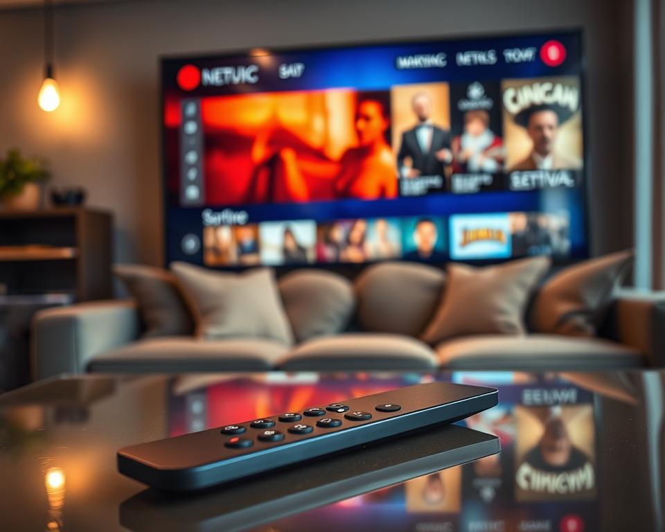 A close-up of a high-definition streaming interface displayed on a modern flat-screen TV in a stylish living room. The television showcases vibrant visuals of streaming content with rich colors and sharp details, accentuated by a soft glow from ambient lighting. In the foreground, a sleek remote control rests on a polished coffee table. The middle ground features a cozy sofa adorned with cushions, creating an inviting atmosphere. Subtle reflections on the glossy screen enhance the realism, while a warm light bulb in the background casts gentle illumination. The overall mood is that of comfort and high-tech sophistication, emphasizing the premium quality of the streaming experience. A close-up of a high-definition streaming interface displayed on a modern flat-screen TV in a stylish living room. The television showcases vibrant visuals of streaming content with rich colors and sharp details, accentuated by a soft glow from ambient lighting. In the foreground, a sleek remote control rests on a polished coffee table. The middle ground features a cozy sofa adorned with cushions, creating an inviting atmosphere. Subtle reflections on the glossy screen enhance the realism, while a warm light bulb in the background casts gentle illumination. The overall mood is that of comfort and high-tech sophistication, emphasizing the premium quality of the streaming experience.
