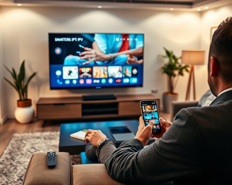 A close-up view of a modern living room featuring a sleek smart TV displaying the Smarters IPTV interface. In the foreground, a professional user, dressed in smart casual attire, sits comfortably on a stylish sofa, focused on the screen. The middle layer showcases a well-organized coffee table with a remote control and a smartphone displaying the IPTV app. The background features soft ambient lighting, highlighting a minimalistic decor with potted plants and art on the walls. The atmosphere is warm and inviting, suggesting a relaxed yet tech-savvy environment. Use a wide angle to capture the entirety of the room, ensuring the lighting is soft and natural to create a professional yet cozy feel. A close-up view of a modern living room featuring a sleek smart TV displaying the Smarters IPTV interface. In the foreground, a professional user, dressed in smart casual attire, sits comfortably on a stylish sofa, focused on the screen. The middle layer showcases a well-organized coffee table with a remote control and a smartphone displaying the IPTV app. The background features soft ambient lighting, highlighting a minimalistic decor with potted plants and art on the walls. The atmosphere is warm and inviting, suggesting a relaxed yet tech-savvy environment. Use a wide angle to capture the entirety of the room, ensuring the lighting is soft and natural to create a professional yet cozy feel.