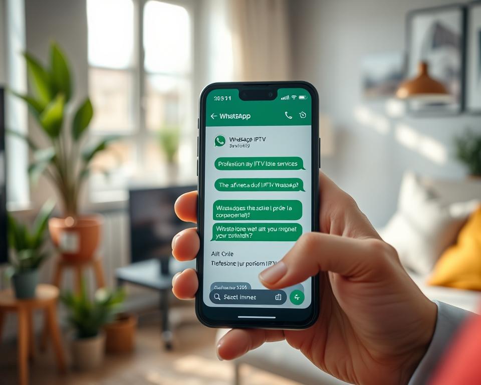 A close-up view of a smartphone displaying the WhatsApp interface, with a chat window open, showing a professional conversation about IPTV services. In the foreground, the phone is held in the hands of a person dressed in smart casual attire, their fingers poised over the screen as if ready to send a message. The background features a cozy, modern home office with a subtle blur effect, including elements like a potted plant and a stylish desk lamp, creating a warm and inviting atmosphere. Natural light streams in from a nearby window, highlighting the device's screen and adding a soft glow to the scene. The overall mood is professional yet approachable, emphasizing direct communication. A close-up view of a smartphone displaying the WhatsApp interface, with a chat window open, showing a professional conversation about IPTV services. In the foreground, the phone is held in the hands of a person dressed in smart casual attire, their fingers poised over the screen as if ready to send a message. The background features a cozy, modern home office with a subtle blur effect, including elements like a potted plant and a stylish desk lamp, creating a warm and inviting atmosphere. Natural light streams in from a nearby window, highlighting the device's screen and adding a soft glow to the scene. The overall mood is professional yet approachable, emphasizing direct communication.