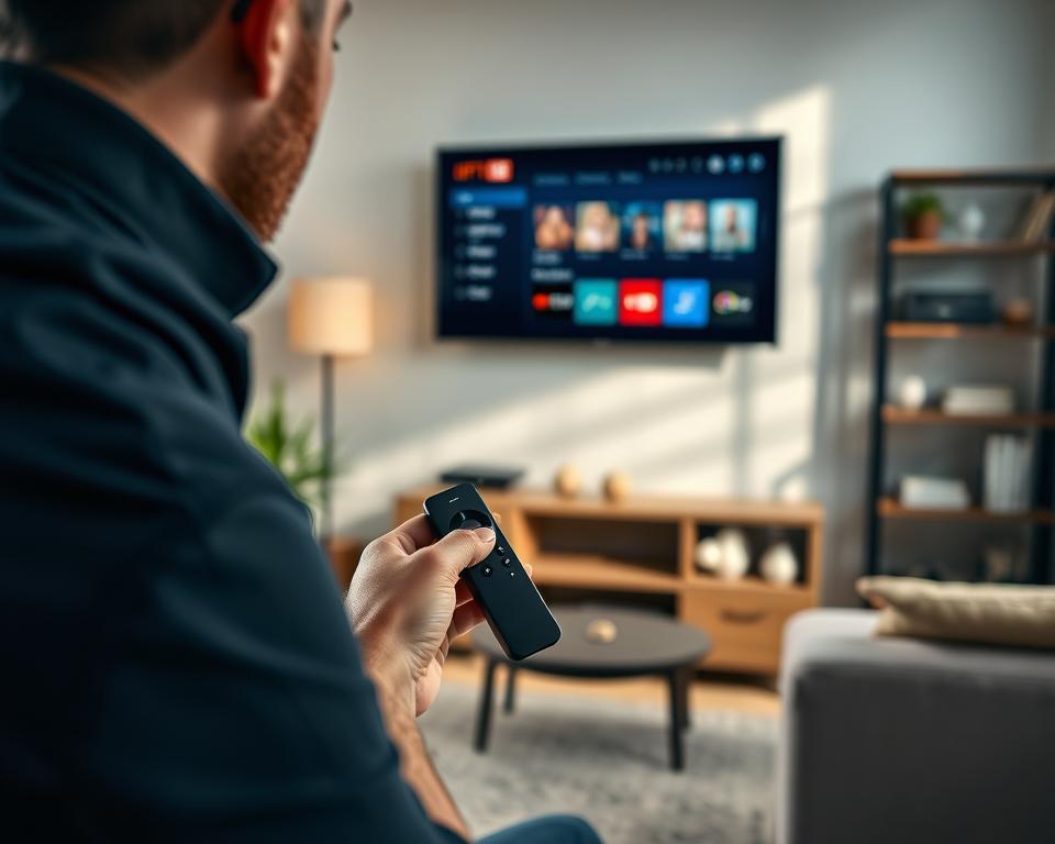 A close-up view of an Amazon Fire TV Stick installation process taking place in a cozy living room setting. In the foreground, a person wearing casual yet professional attire is connecting the Firestick to a modern TV, showing their focused expression as they navigate the setup. The middle layer features a sleek TV displaying the Firestick’s interface, ready for the installation of IPTV Smarters Pro. The background includes a stylish living room with soft lighting, a comfortable sofa, and a decorative bookshelf, all evoking a warm and inviting atmosphere. The image should have a soft focus, with natural light filtering in, emphasizing the connection between technology and home entertainment in a serene setting. A close-up view of an Amazon Fire TV Stick installation process taking place in a cozy living room setting. In the foreground, a person wearing casual yet professional attire is connecting the Firestick to a modern TV, showing their focused expression as they navigate the setup. The middle layer features a sleek TV displaying the Firestick’s interface, ready for the installation of IPTV Smarters Pro. The background includes a stylish living room with soft lighting, a comfortable sofa, and a decorative bookshelf, all evoking a warm and inviting atmosphere. The image should have a soft focus, with natural light filtering in, emphasizing the connection between technology and home entertainment in a serene setting.