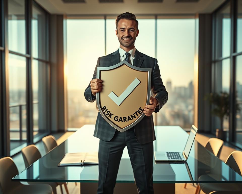 A confident business professional, dressed in a smart suit, stands in the foreground, holding a shield emblazoned with a checkmark symbolizing "risk-free guarantee". The middle ground features a modern office setting with large windows showcasing a bright, sunny day outside, casting natural light across the room. On a sleek glass desk, there are papers and a laptop indicating business discussions. The background reveals a subtle city skyline, adding depth and context to the scene. Soft shadows and warm lighting create an optimistic and reassuring atmosphere, embodying trust and security. The overall mood is empowering and professional, reflecting the essence of a risk-free guarantee. A confident business professional, dressed in a smart suit, stands in the foreground, holding a shield emblazoned with a checkmark symbolizing "risk-free guarantee". The middle ground features a modern office setting with large windows showcasing a bright, sunny day outside, casting natural light across the room. On a sleek glass desk, there are papers and a laptop indicating business discussions. The background reveals a subtle city skyline, adding depth and context to the scene. Soft shadows and warm lighting create an optimistic and reassuring atmosphere, embodying trust and security. The overall mood is empowering and professional, reflecting the essence of a risk-free guarantee.