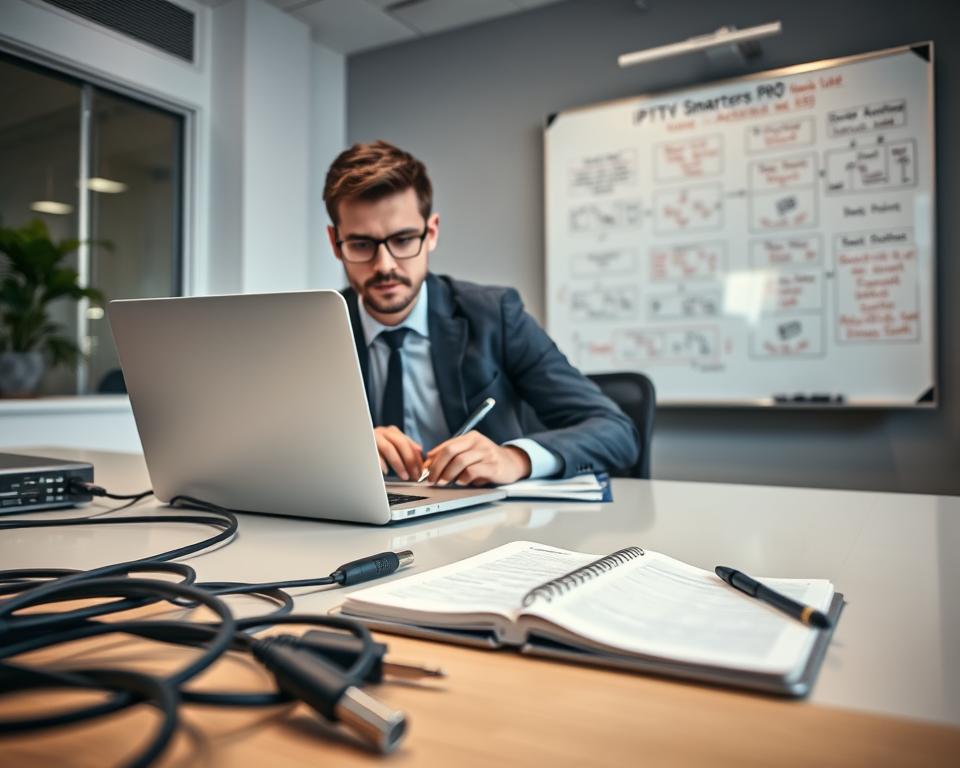 A confident technician sits at a sleek desk, focused on a laptop screen displaying the IPTV Smarters Pro interface. In the foreground, an array of technical tools, including cables and a notepad filled with troubleshooting notes, emphasize a problem-solving environment. The technician, dressed in a professional business attire, is examining error messages while taking notes. The middle ground features a modern office setting with soft lighting that creates a calm yet productive atmosphere. In the background, a whiteboard filled with diagrams and solutions related to common activation issues adds depth and context to the scene. The overall mood is constructive and focused, highlighting the act of resolving activation problems with IPTV technology, captured at a slight angle, enhancing the sense of engagement and urgency. A confident technician sits at a sleek desk, focused on a laptop screen displaying the IPTV Smarters Pro interface. In the foreground, an array of technical tools, including cables and a notepad filled with troubleshooting notes, emphasize a problem-solving environment. The technician, dressed in a professional business attire, is examining error messages while taking notes. The middle ground features a modern office setting with soft lighting that creates a calm yet productive atmosphere. In the background, a whiteboard filled with diagrams and solutions related to common activation issues adds depth and context to the scene. The overall mood is constructive and focused, highlighting the act of resolving activation problems with IPTV technology, captured at a slight angle, enhancing the sense of engagement and urgency.