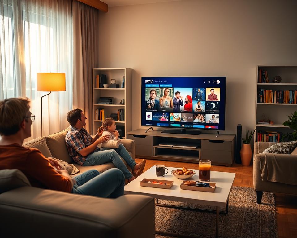 A cozy living room scene featuring a modern TV displaying vibrant IPTV content. In the foreground, a family of four is sitting comfortably on a stylish sofa, dressed in casual clothing, eagerly watching a variety of programs, showcasing the benefits of having IPTV subscription. The middle ground reveals a sleek coffee table with snacks and drinks, emphasizing a relaxed atmosphere. The background includes warm lighting from a floor lamp, a bookshelf with colorful books, and a window that allows soft natural light to stream in, enhancing the inviting ambiance. The overall mood is cheerful and engaging, reflecting the enjoyable experience of IPTV services in a domestic setting. A cozy living room scene featuring a modern TV displaying vibrant IPTV content. In the foreground, a family of four is sitting comfortably on a stylish sofa, dressed in casual clothing, eagerly watching a variety of programs, showcasing the benefits of having IPTV subscription. The middle ground reveals a sleek coffee table with snacks and drinks, emphasizing a relaxed atmosphere. The background includes warm lighting from a floor lamp, a bookshelf with colorful books, and a window that allows soft natural light to stream in, enhancing the inviting ambiance. The overall mood is cheerful and engaging, reflecting the enjoyable experience of IPTV services in a domestic setting.