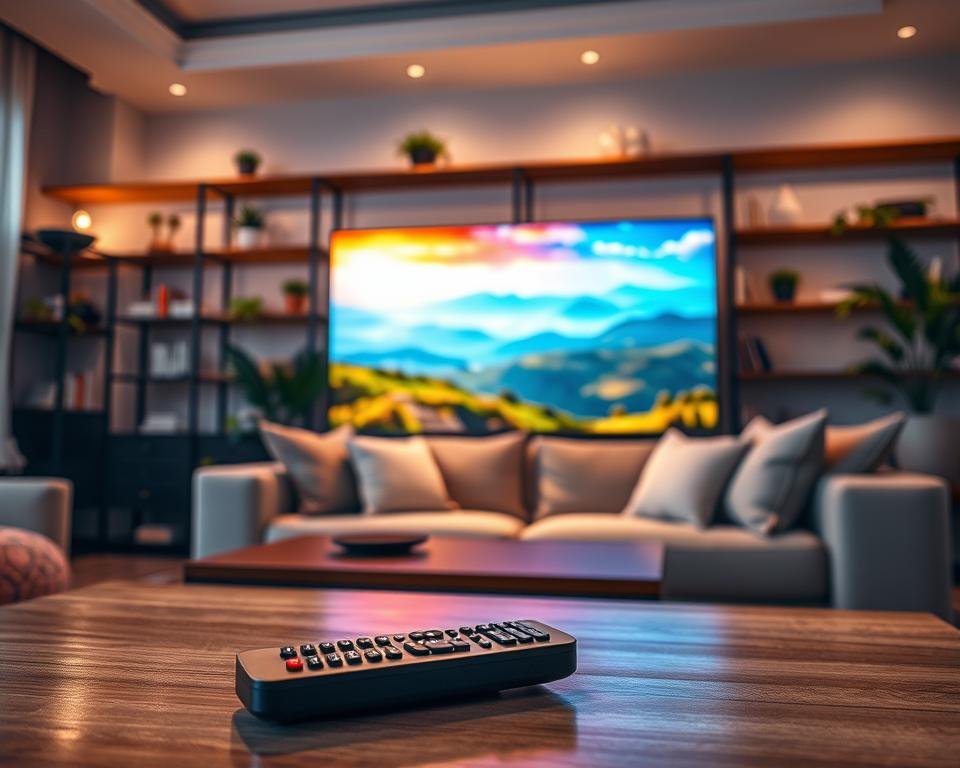 A cozy living room scene showcasing a large, high-definition television displaying vibrant, crisp colors of a scenic landscape. In the foreground, a sleek remote control rests on a stylish coffee table, emphasizing modern technology. In the middle, a comfortable couch with soft cushions invites the viewer to settle in for an immersive viewing experience. The background features decorative shelves filled with books and plants, bathed in warm, ambient lighting that creates a relaxed atmosphere. Soft shadows enhance the depth of the space. The lens captures this serene moment at a slight angle that highlights the beautiful picture quality of the screen, conveying a sense of stability and exceptional clarity in image quality.