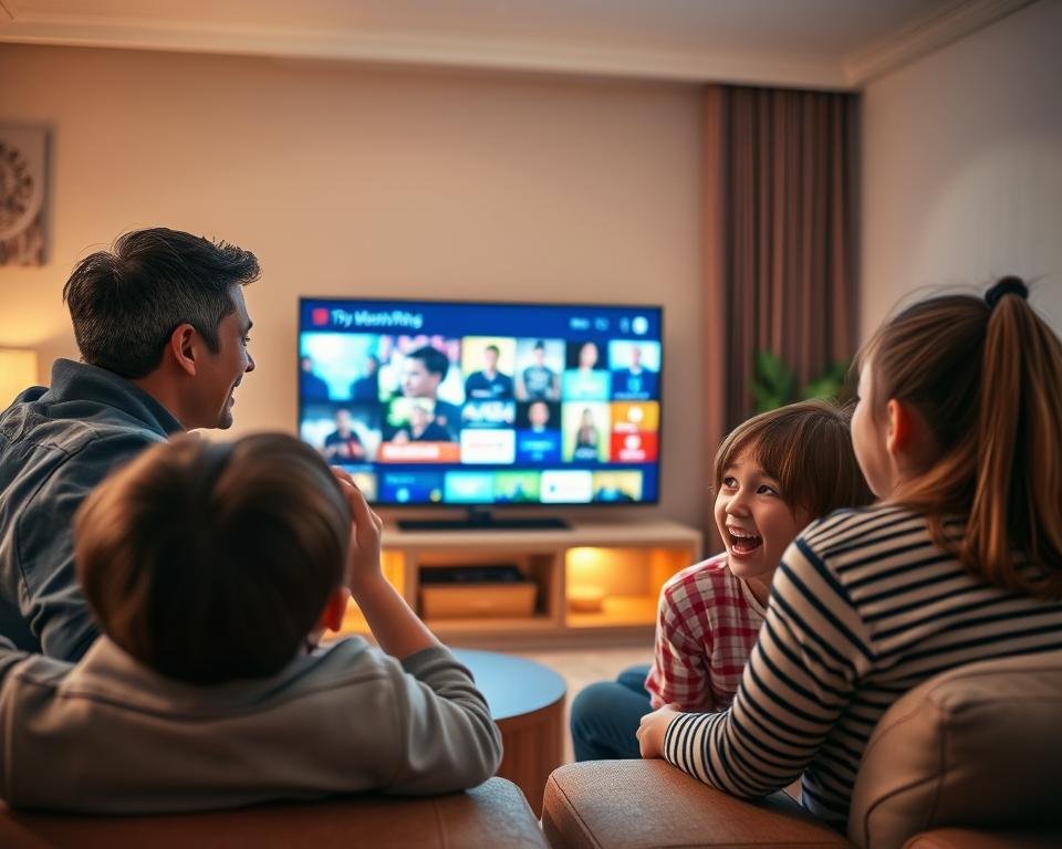 A cozy living room scene with a happy family gathered around a large TV, showcasing their excitement while watching a vibrant IPTV channel. The foreground features two adults in smart casual attire and two children, all displaying joy and satisfaction. The middle ground highlights a sleek IPTV setup with visible streaming content, emphasizing modern technology. The background captures a warm, inviting ambiance, with soft lighting and comfortable furniture. The scene is well-lit, giving a sense of a perfect family night, with ambient light creating a relaxed atmosphere. The perspective is slightly angled, inviting viewers into the warmth of the moment, embodying the essence of satisfied customers enjoying a quality entertainment experience. A cozy living room scene with a happy family gathered around a large TV, showcasing their excitement while watching a vibrant IPTV channel. The foreground features two adults in smart casual attire and two children, all displaying joy and satisfaction. The middle ground highlights a sleek IPTV setup with visible streaming content, emphasizing modern technology. The background captures a warm, inviting ambiance, with soft lighting and comfortable furniture. The scene is well-lit, giving a sense of a perfect family night, with ambient light creating a relaxed atmosphere. The perspective is slightly angled, inviting viewers into the warmth of the moment, embodying the essence of satisfied customers enjoying a quality entertainment experience.