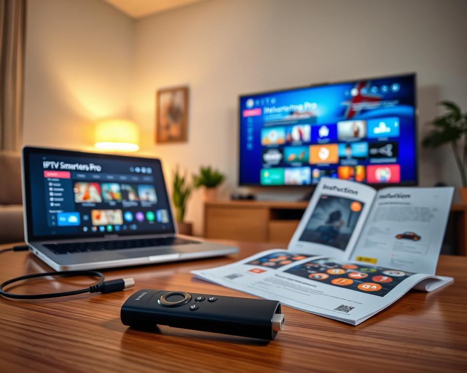 A cozy living room setting showcasing a modern Amazon Firestick plugged into a sleek, flat-screen TV mounted on the wall. In the foreground, a remote control lies on a wooden coffee table beside a laptop displaying the IPTV Smarters Pro interface. The middle layer features an open instruction manual laid next to the TV, highlighting the installation process with colorful visuals. The background includes a soft, warm light emanating from a stylish lamp, creating an inviting atmosphere. The room is furnished with a comfortable sofa and a few decorative plants, emphasizing a family-friendly environment. Capture this scene from a slightly elevated angle to include the TV screen and remote prominently, with a focus on a dynamic, tech-savvy ambiance. A cozy living room setting showcasing a modern Amazon Firestick plugged into a sleek, flat-screen TV mounted on the wall. In the foreground, a remote control lies on a wooden coffee table beside a laptop displaying the IPTV Smarters Pro interface. The middle layer features an open instruction manual laid next to the TV, highlighting the installation process with colorful visuals. The background includes a soft, warm light emanating from a stylish lamp, creating an inviting atmosphere. The room is furnished with a comfortable sofa and a few decorative plants, emphasizing a family-friendly environment. Capture this scene from a slightly elevated angle to include the TV screen and remote prominently, with a focus on a dynamic, tech-savvy ambiance.