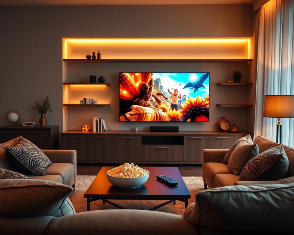 A cozy living room setting showcasing a sleek modern television displaying vibrant 4K content. In the foreground, a comfortable sofa with decorative cushions invites relaxation, while a stylish coffee table holds a remote control and a bowl of popcorn. In the middle, soft ambient lighting creates a warm atmosphere, enhancing the enjoyment of IPTV viewing. The background features subtle shelves with books and decorative items, adding a touch of elegance. The scene is shot at a wide-angle, capturing the essence of a perfect entertainment space. The overall mood is inviting and lively, emphasizing the economic benefit of an IPTV subscription for enjoying high-quality television. A cozy living room setting showcasing a sleek modern television displaying vibrant 4K content. In the foreground, a comfortable sofa with decorative cushions invites relaxation, while a stylish coffee table holds a remote control and a bowl of popcorn. In the middle, soft ambient lighting creates a warm atmosphere, enhancing the enjoyment of IPTV viewing. The background features subtle shelves with books and decorative items, adding a touch of elegance. The scene is shot at a wide-angle, capturing the essence of a perfect entertainment space. The overall mood is inviting and lively, emphasizing the economic benefit of an IPTV subscription for enjoying high-quality television.