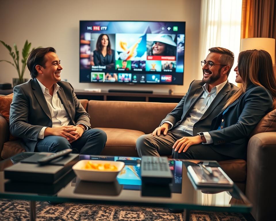 A cozy living room setting with three satisfied customers, a diverse group representing different backgrounds, sitting comfortably on a stylish couch. They are engaged in a lively conversation, expressing their happiness about their IPTV subscription. The foreground features a coffee table with remote controls and snacks, while the middle ground shows a large screen displaying vibrant content related to entertainment or news. The background features warm lighting, with soft sunlight streaming through a window, creating a welcoming atmosphere. The individuals are dressed in professional business attire. The camera angle is slightly elevated, capturing the expressions of joy and satisfaction on their faces, evoking a positive and engaging mood. A cozy living room setting with three satisfied customers, a diverse group representing different backgrounds, sitting comfortably on a stylish couch. They are engaged in a lively conversation, expressing their happiness about their IPTV subscription. The foreground features a coffee table with remote controls and snacks, while the middle ground shows a large screen displaying vibrant content related to entertainment or news. The background features warm lighting, with soft sunlight streaming through a window, creating a welcoming atmosphere. The individuals are dressed in professional business attire. The camera angle is slightly elevated, capturing the expressions of joy and satisfaction on their faces, evoking a positive and engaging mood.
