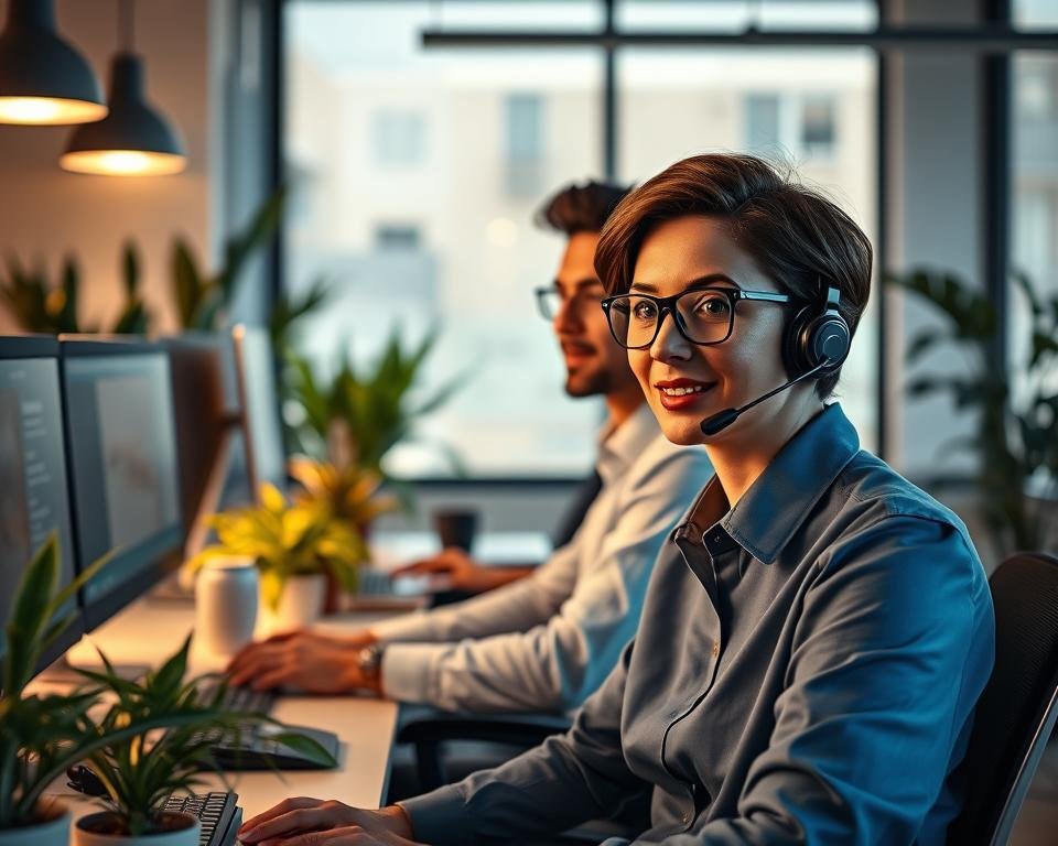 A cozy, modern customer support office showcasing a friendly and professional atmosphere. In the foreground, a diverse group of two support agents, a woman with short brown hair and glasses wearing a smart blue blouse, and a man with dark hair in a neat white shirt, are attentively engaging with customers through headsets. The middle ground features sleek office desks equipped with computers displaying help desk software. In the background, a large window lets in soft, natural light, creating a warm ambiance. Plants adorn the space, adding a touch of freshness. The mood is approachable and reassuring, highlighting the theme of 24/7 customer support with warm lighting and a focus on teamwork and professionalism. The image maintains clarity and balance, emphasizing the importance of client assistance without any distractions. A cozy, modern customer support office showcasing a friendly and professional atmosphere. In the foreground, a diverse group of two support agents, a woman with short brown hair and glasses wearing a smart blue blouse, and a man with dark hair in a neat white shirt, are attentively engaging with customers through headsets. The middle ground features sleek office desks equipped with computers displaying help desk software. In the background, a large window lets in soft, natural light, creating a warm ambiance. Plants adorn the space, adding a touch of freshness. The mood is approachable and reassuring, highlighting the theme of 24/7 customer support with warm lighting and a focus on teamwork and professionalism. The image maintains clarity and balance, emphasizing the importance of client assistance without any distractions.