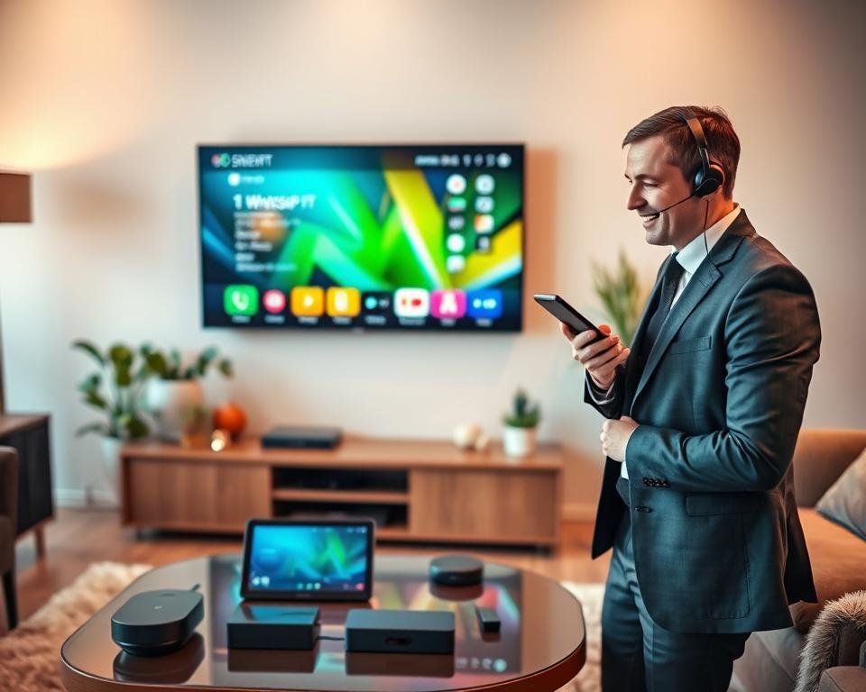 A cozy, modern living room scene featuring a smart television displaying a vibrant IPTV streaming interface. In the foreground, a professional-looking customer support representative, dressed in smart attire, is engaged in a friendly conversation through WhatsApp on a sleek smartphone. The representative is smiling, conveying a helpful and approachable demeanor. In the middle ground, a stylish coffee table holds a tablet and a few streaming devices, hinting at advanced technology and connectivity. The background showcases a wall-mounted TV with a soft glow, and warm ambient lighting creates an inviting atmosphere. The overall mood is supportive and modern, reflecting the essence of direct client contact. The scene has a slight depth of field, emphasizing the representative while softly blurring the background for focus. A cozy, modern living room scene featuring a smart television displaying a vibrant IPTV streaming interface. In the foreground, a professional-looking customer support representative, dressed in smart attire, is engaged in a friendly conversation through WhatsApp on a sleek smartphone. The representative is smiling, conveying a helpful and approachable demeanor. In the middle ground, a stylish coffee table holds a tablet and a few streaming devices, hinting at advanced technology and connectivity. The background showcases a wall-mounted TV with a soft glow, and warm ambient lighting creates an inviting atmosphere. The overall mood is supportive and modern, reflecting the essence of direct client contact. The scene has a slight depth of field, emphasizing the representative while softly blurring the background for focus.