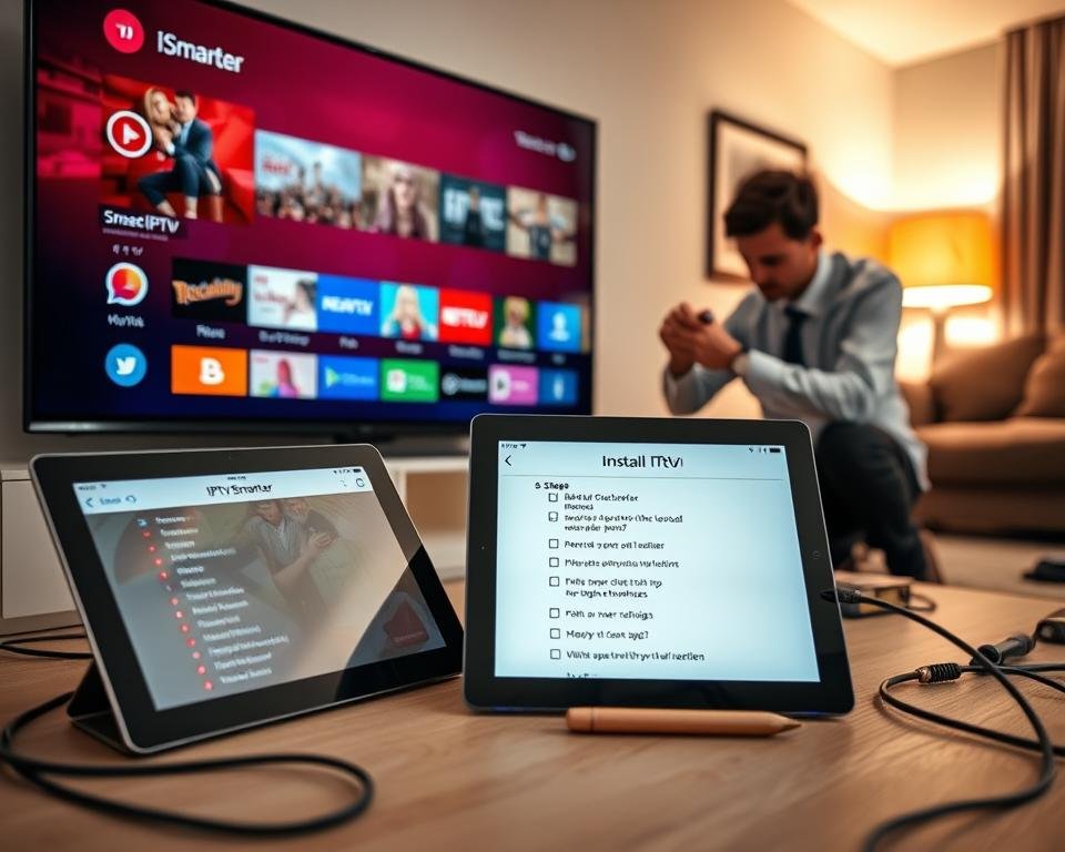 A detailed and informative scene of a step-by-step installation guide for IPTV on a modern television. In the foreground, there is a flat-screen TV displaying a clear interface of the IPTV Smarter app with vibrant program icons. Next to the TV, a tablet is laid out showing a checklist of installation steps. In the middle ground, a person dressed in professional attire is attentively connecting cables to the TV, surrounded by tools like a screwdriver and cable ties. The background features a cozy living room with a warm ambiance, illuminated by soft, diffused lighting. The atmosphere is one of productivity and technology, capturing a sense of clarity and professionalism in setting up IPTV services. A detailed and informative scene of a step-by-step installation guide for IPTV on a modern television. In the foreground, there is a flat-screen TV displaying a clear interface of the IPTV Smarter app with vibrant program icons. Next to the TV, a tablet is laid out showing a checklist of installation steps. In the middle ground, a person dressed in professional attire is attentively connecting cables to the TV, surrounded by tools like a screwdriver and cable ties. The background features a cozy living room with a warm ambiance, illuminated by soft, diffused lighting. The atmosphere is one of productivity and technology, capturing a sense of clarity and professionalism in setting up IPTV services.