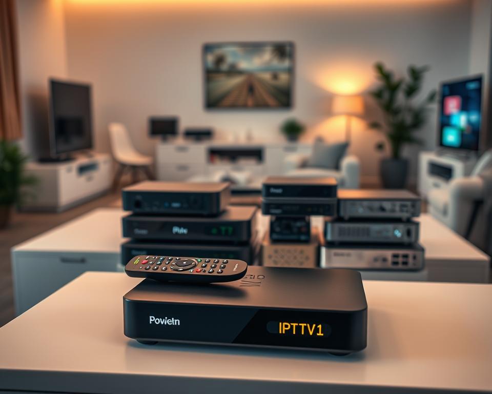A detailed composition showcasing an array of modern multimedia boxes and set-top decoders designed for television services in a clean, professional environment. In the foreground, a sleek black IPTV box with illuminated power indicators sits atop a minimalist media console, flanked by a remote control and vibrant streaming app logos. In the middle ground, several different models of digital decoders are artfully arranged, emphasizing their compact and high-tech designs, with various ports and connections visible. In the blurred background, a cozy living room setting is gently illuminated by warm, soft light, creating an inviting atmosphere. The camera angle is slightly above eye level, giving a comprehensive view of the devices while maintaining a focus on their functionalities. The overall mood is modern and tech-savvy, perfectly capturing the essence of essential IPTV equipment. A detailed composition showcasing an array of modern multimedia boxes and set-top decoders designed for television services in a clean, professional environment. In the foreground, a sleek black IPTV box with illuminated power indicators sits atop a minimalist media console, flanked by a remote control and vibrant streaming app logos. In the middle ground, several different models of digital decoders are artfully arranged, emphasizing their compact and high-tech designs, with various ports and connections visible. In the blurred background, a cozy living room setting is gently illuminated by warm, soft light, creating an inviting atmosphere. The camera angle is slightly above eye level, giving a comprehensive view of the devices while maintaining a focus on their functionalities. The overall mood is modern and tech-savvy, perfectly capturing the essence of essential IPTV equipment.