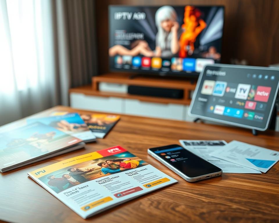 A detailed flat lay image of various IPTV subscription offers and pricing displayed on an elegant wooden table. In the foreground, colorful brochures with attractive graphics showcasing different packages, such as "Premium," "Standard," and "Basic," arranged neatly. A sleek tablet displaying a streaming app interface lies next to a smartphone showing channels. In the middle background, a blurred television set with a vibrant display of a popular show. Soft natural light streaming through a nearby window creates an inviting atmosphere. The scene has a professional, modern feel, suitable for a technology article. The composition emphasizes clarity and organization, inviting viewers to explore the offerings without distractions. A detailed flat lay image of various IPTV subscription offers and pricing displayed on an elegant wooden table. In the foreground, colorful brochures with attractive graphics showcasing different packages, such as "Premium," "Standard," and "Basic," arranged neatly. A sleek tablet displaying a streaming app interface lies next to a smartphone showing channels. In the middle background, a blurred television set with a vibrant display of a popular show. Soft natural light streaming through a nearby window creates an inviting atmosphere. The scene has a professional, modern feel, suitable for a technology article. The composition emphasizes clarity and organization, inviting viewers to explore the offerings without distractions.