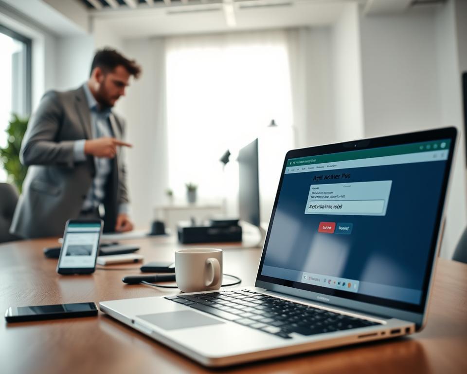 A detailed step-by-step guide for activating IPTV Smarters Pro is depicted in a digital workspace. In the foreground, a laptop with the IPTV Smarters Pro interface open on the screen, showcasing a user-friendly activation process with highlighted buttons. To the left, a professional, focused individual in smart casual attire points towards the screen, demonstrating how to input an activation code. In the middle, an organized desk with tech gadgets, a smartphone displaying a support chat, and a stylish coffee mug. The background features a bright, inviting office environment with soft, natural lighting filtering through a window, creating an atmosphere of productivity and clarity. The angle captures the scene from a slight elevation, emphasizing both the laptop and the engaged individual. A detailed step-by-step guide for activating IPTV Smarters Pro is depicted in a digital workspace. In the foreground, a laptop with the IPTV Smarters Pro interface open on the screen, showcasing a user-friendly activation process with highlighted buttons. To the left, a professional, focused individual in smart casual attire points towards the screen, demonstrating how to input an activation code. In the middle, an organized desk with tech gadgets, a smartphone displaying a support chat, and a stylish coffee mug. The background features a bright, inviting office environment with soft, natural lighting filtering through a window, creating an atmosphere of productivity and clarity. The angle captures the scene from a slight elevation, emphasizing both the laptop and the engaged individual.