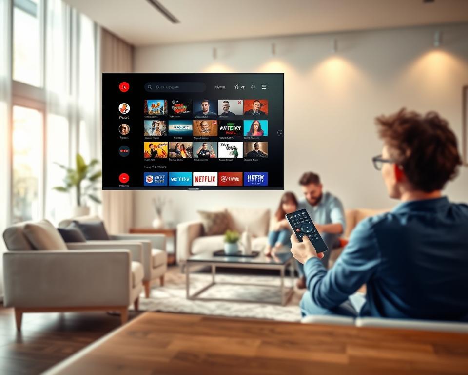 A dynamic and engaging illustration highlighting the exceptional advantages of IPTV Smarters Pro. In the foreground, showcase a sleek, modern smart TV displaying the IPTV Smarters Pro interface with vibrant, colorful thumbnails of various content options. In the middle ground, include an elegant living room setting with a comfortable couch and a stylish coffee table, where a family is joyfully interacting with the remote control. The background features a bright, airy window, allowing natural light to flood in, creating a warm and inviting atmosphere. Utilize a soft focus lens effect to emphasize the foreground details. The mood should be cheerful and family-oriented, reflecting the benefits of entertainment and connectivity that IPTV Smarters Pro brings to users. Ensure the scene has no text, logos, or distracting elements. A dynamic and engaging illustration highlighting the exceptional advantages of IPTV Smarters Pro. In the foreground, showcase a sleek, modern smart TV displaying the IPTV Smarters Pro interface with vibrant, colorful thumbnails of various content options. In the middle ground, include an elegant living room setting with a comfortable couch and a stylish coffee table, where a family is joyfully interacting with the remote control. The background features a bright, airy window, allowing natural light to flood in, creating a warm and inviting atmosphere. Utilize a soft focus lens effect to emphasize the foreground details. The mood should be cheerful and family-oriented, reflecting the benefits of entertainment and connectivity that IPTV Smarters Pro brings to users. Ensure the scene has no text, logos, or distracting elements.