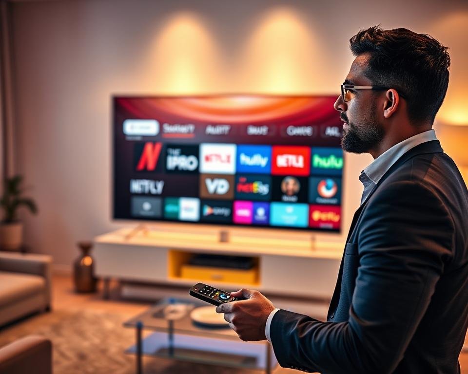 A dynamic comparison scene featuring various streaming service applications on a sleek, modern television screen. In the foreground, show a professional individual in smart casual attire, operating a remote control, with an engaged expression. The middle ground should display multiple streaming app icons like IPTV Pro, Netflix, and Hulu, with vibrant colors and distinctive logos, illuminated by a soft glow, suggesting activity. The background features a stylish living room with soft ambient lighting, highlighting a contemporary decor style. The atmosphere should feel tech-savvy and inviting, with warm tones reflecting a cozy viewing experience. Use a slight depth of field effect to keep focus on the foreground while gently blurring the background. A dynamic comparison scene featuring various streaming service applications on a sleek, modern television screen. In the foreground, show a professional individual in smart casual attire, operating a remote control, with an engaged expression. The middle ground should display multiple streaming app icons like IPTV Pro, Netflix, and Hulu, with vibrant colors and distinctive logos, illuminated by a soft glow, suggesting activity. The background features a stylish living room with soft ambient lighting, highlighting a contemporary decor style. The atmosphere should feel tech-savvy and inviting, with warm tones reflecting a cozy viewing experience. Use a slight depth of field effect to keep focus on the foreground while gently blurring the background.