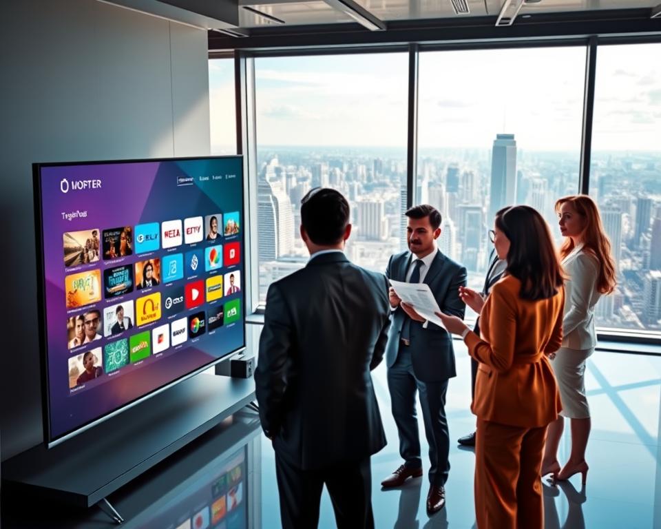 A dynamic digital illustration showcasing the competitive advantages of IPTV Smarters Pro. In the foreground, a sleek, modern television screen displays an interface filled with vibrant streaming options and user-friendly icons, symbolizing cutting-edge technology. In the middle ground, a diverse group of professional individuals, dressed in business attire, are engaged in discussion, analyzing charts depicting growth and engagement metrics. The background features a high-tech office environment with large windows offering a panoramic view of a bustling cityscape, signifying innovation and progress. Soft, natural light pours in, casting elegant shadows and creating a bright, engaging atmosphere. The overall mood is one of efficiency, success, and forward-thinking, perfect for illustrating the section on competitive advantages in the article. A dynamic digital illustration showcasing the competitive advantages of IPTV Smarters Pro. In the foreground, a sleek, modern television screen displays an interface filled with vibrant streaming options and user-friendly icons, symbolizing cutting-edge technology. In the middle ground, a diverse group of professional individuals, dressed in business attire, are engaged in discussion, analyzing charts depicting growth and engagement metrics. The background features a high-tech office environment with large windows offering a panoramic view of a bustling cityscape, signifying innovation and progress. Soft, natural light pours in, casting elegant shadows and creating a bright, engaging atmosphere. The overall mood is one of efficiency, success, and forward-thinking, perfect for illustrating the section on competitive advantages in the article.