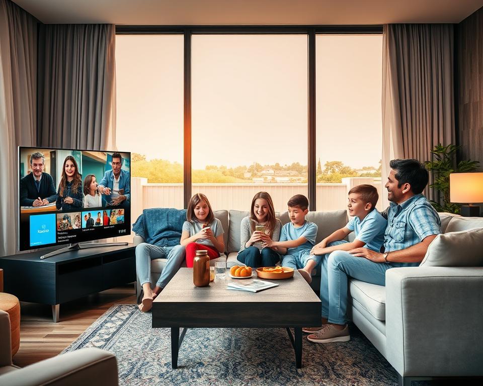 A dynamic living room scene showcasing a sleek, modern smart TV displaying vibrant graphics of exclusive IPTV content. In the foreground, a family of five—parents and children—are seated comfortably on a stylish sofa, all dressed in casual yet neat clothing. Their expressions reflect excitement and engagement. In the middle, a coffee table holds snacks and drinks, adding a cozy, inviting atmosphere. The background features a large window showing a sunny outdoor view, with soft, warm lighting illuminating the space. The overall mood is joyful and relaxed, symbolizing quality family time enjoying diverse content options on their IPTV service. The composition is engaging, capturing the essence of exclusive and varied television programming. A dynamic living room scene showcasing a sleek, modern smart TV displaying vibrant graphics of exclusive IPTV content. In the foreground, a family of five—parents and children—are seated comfortably on a stylish sofa, all dressed in casual yet neat clothing. Their expressions reflect excitement and engagement. In the middle, a coffee table holds snacks and drinks, adding a cozy, inviting atmosphere. The background features a large window showing a sunny outdoor view, with soft, warm lighting illuminating the space. The overall mood is joyful and relaxed, symbolizing quality family time enjoying diverse content options on their IPTV service. The composition is engaging, capturing the essence of exclusive and varied television programming.