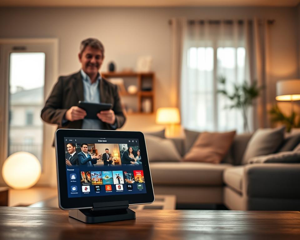 A dynamic scene illustrating "Garantie satisfaction IPTV" with a modern touch. In the foreground, a sleek, professional-looking tablet displaying a vibrant interface of an IPTV service, with visuals of diverse content such as movies and sports. The middle ground features a satisfied customer, a middle-aged man in smart casual attire, joyfully interacting with the tablet, emphasizing satisfaction and engagement. In the background, a bright, contemporary living room with soft ambient lighting creates a relaxed atmosphere. The room is thoughtfully designed, with a comfortable sofa and decorative elements that convey a sense of leisure and enjoyment. The lighting should be warm and inviting, casting gentle shadows, and conveying a positive mood around technology and family entertainment. A dynamic scene illustrating "Garantie satisfaction IPTV" with a modern touch. In the foreground, a sleek, professional-looking tablet displaying a vibrant interface of an IPTV service, with visuals of diverse content such as movies and sports. The middle ground features a satisfied customer, a middle-aged man in smart casual attire, joyfully interacting with the tablet, emphasizing satisfaction and engagement. In the background, a bright, contemporary living room with soft ambient lighting creates a relaxed atmosphere. The room is thoughtfully designed, with a comfortable sofa and decorative elements that convey a sense of leisure and enjoyment. The lighting should be warm and inviting, casting gentle shadows, and conveying a positive mood around technology and family entertainment.