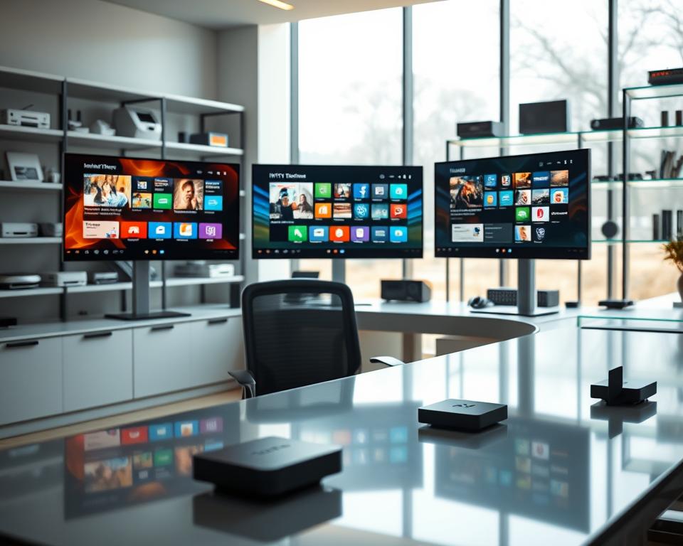 A futuristic digital workspace showcasing various alternative streaming applications on multiple screens. In the foreground, a sleek desk with three high-resolution monitors displaying different user interfaces for various IPTV alternatives, each vibrant and distinct. In the middle ground, a modern office chair and subtle reflections of streaming devices on a polished surface, indicating advanced technology. The background features softly blurred shelves lined with streaming gadgets and accessories, providing a tech-savvy ambiance. Natural light streams through a large window, casting a warm glow and creating an inviting atmosphere. The overall mood is professional, innovative, and dynamic, highlighting the potential of alternative streaming solutions. A futuristic digital workspace showcasing various alternative streaming applications on multiple screens. In the foreground, a sleek desk with three high-resolution monitors displaying different user interfaces for various IPTV alternatives, each vibrant and distinct. In the middle ground, a modern office chair and subtle reflections of streaming devices on a polished surface, indicating advanced technology. The background features softly blurred shelves lined with streaming gadgets and accessories, providing a tech-savvy ambiance. Natural light streams through a large window, casting a warm glow and creating an inviting atmosphere. The overall mood is professional, innovative, and dynamic, highlighting the potential of alternative streaming solutions.
