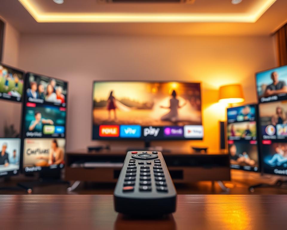 A high-resolution, visually captivating image showcasing a "TV channel catalogue" concept. In the foreground, display an array of colorful television screen mockups featuring various genres like sports, movies, documentaries, and children's programming, with each screen elegantly arranged. In the middle, incorporate a sleek, modern remote control partially visible, hinting at user interaction. The background should feature a vibrant home entertainment setup, including a stylish television and ambient lighting that casts a warm glow, suggesting a cozy viewing experience. Use soft focus techniques to create a sense of depth, while maintaining clarity on the screens. The overall atmosphere should evoke excitement and anticipation for viewers exploring a comprehensive content library. A high-resolution, visually captivating image showcasing a "TV channel catalogue" concept. In the foreground, display an array of colorful television screen mockups featuring various genres like sports, movies, documentaries, and children's programming, with each screen elegantly arranged. In the middle, incorporate a sleek, modern remote control partially visible, hinting at user interaction. The background should feature a vibrant home entertainment setup, including a stylish television and ambient lighting that casts a warm glow, suggesting a cozy viewing experience. Use soft focus techniques to create a sense of depth, while maintaining clarity on the screens. The overall atmosphere should evoke excitement and anticipation for viewers exploring a comprehensive content library.