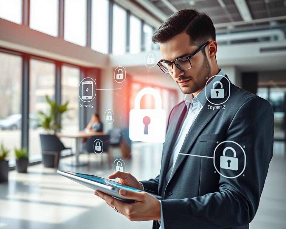 A high-tech digital payment security scene set in a sleek, modern office. In the foreground, a professional person in business attire is intently focused on a tablet displaying secure payment icons and streaming content. In the middle, various digital elements like a glowing lock symbol and encrypted data streams float around, illustrating a safe payment environment. The background features a stylish office with large windows, allowing natural light to filter in, accentuating the tech-themed decor. The atmosphere is confident and innovative, embodying a sense of security and trust associated with online transactions. The lighting is bright but soft, using a wide-angle perspective to capture the essence of a professional workspace dedicated to secure streaming services.