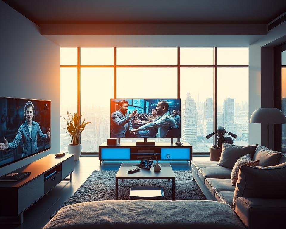 A high-tech, modern living room featuring advanced IPTV technology seamlessly integrated into the decor. In the foreground, a sleek flat-screen TV displays vivid content, surrounded by a stylish media console with smart devices. The middle ground includes a comfortable sofa with cushions, a stylish coffee table with subtle tech gadgets like a remote and a tablet. The background showcases large windows allowing soft natural light to illuminate the space, enhancing the high-tech yet cozy atmosphere. The scene should convey a sense of exceptional user experience, with cool blue tones and warm accents creating a harmonious blend. The mood is inviting and sophisticated, appealing to technology enthusiasts and professionals alike. Avoid any text or branding in the image. A high-tech, modern living room featuring advanced IPTV technology seamlessly integrated into the decor. In the foreground, a sleek flat-screen TV displays vivid content, surrounded by a stylish media console with smart devices. The middle ground includes a comfortable sofa with cushions, a stylish coffee table with subtle tech gadgets like a remote and a tablet. The background showcases large windows allowing soft natural light to illuminate the space, enhancing the high-tech yet cozy atmosphere. The scene should convey a sense of exceptional user experience, with cool blue tones and warm accents creating a harmonious blend. The mood is inviting and sophisticated, appealing to technology enthusiasts and professionals alike. Avoid any text or branding in the image.