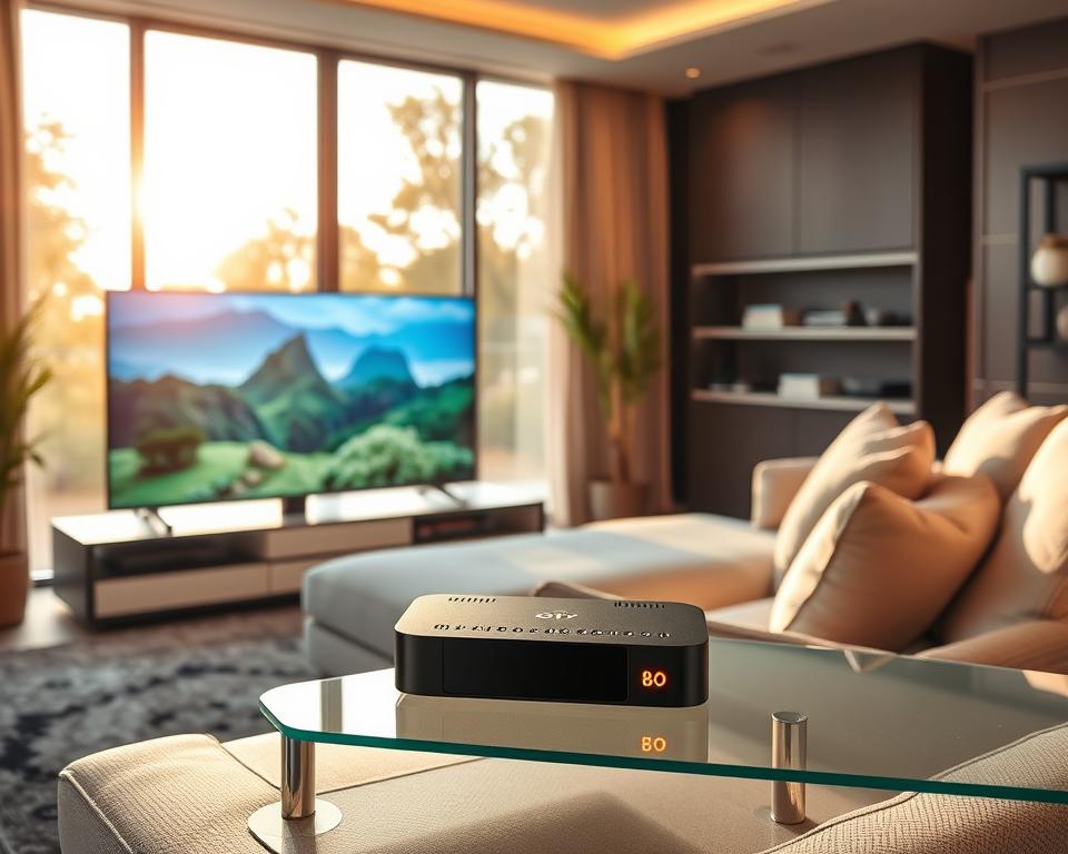 A home entertainment setup showcasing high-quality IPTV streaming. In the foreground, a stylish modern living room with a sleek flat-screen television displaying vibrant, high-definition images of a nature documentary. A cozy couch is placed at an inviting angle, surrounded by soft cushions, suggesting comfort. In the middle ground, a high-tech streaming device sits on a glass shelf, with glowing LED lights indicating it is in use. In the background, large windows let in warm, golden afternoon sunlight, enhancing the inviting atmosphere. The overall mood is relaxed and modern, conveying a sense of premium viewing experience. The scene should be captured with a wide-angle lens, emphasizing depth and clarity, with soft lighting to create a comfortable ambiance. A home entertainment setup showcasing high-quality IPTV streaming. In the foreground, a stylish modern living room with a sleek flat-screen television displaying vibrant, high-definition images of a nature documentary. A cozy couch is placed at an inviting angle, surrounded by soft cushions, suggesting comfort. In the middle ground, a high-tech streaming device sits on a glass shelf, with glowing LED lights indicating it is in use. In the background, large windows let in warm, golden afternoon sunlight, enhancing the inviting atmosphere. The overall mood is relaxed and modern, conveying a sense of premium viewing experience. The scene should be captured with a wide-angle lens, emphasizing depth and clarity, with soft lighting to create a comfortable ambiance.