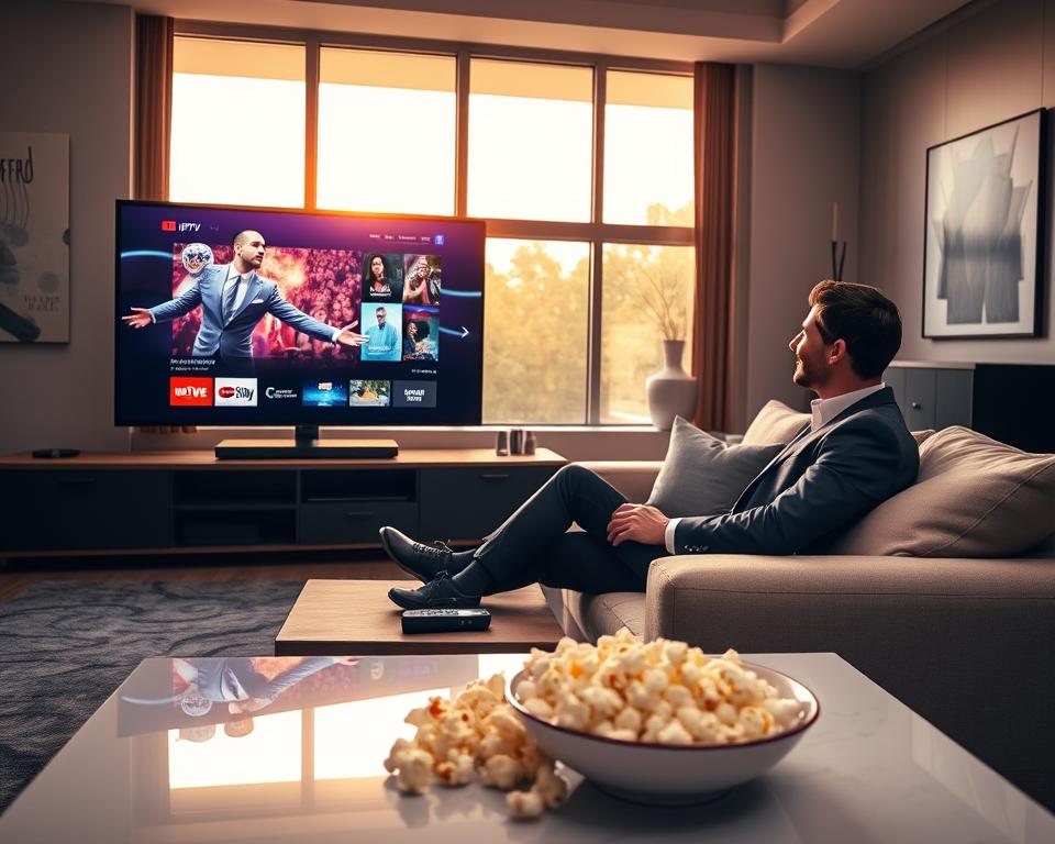 A luxurious living room featuring a large, modern flat-screen television displaying vibrant, high-definition content from an IPTV service. In the foreground, a stylish coffee table holds remote controls and a bowl of popcorn, symbolizing relaxation and entertainment. The middle ground showcases a comfortable sofa with plush cushions, inviting in design, where a person in professional business attire sits, engrossed in the show, with a delighted expression. In the background, large windows allow warm, natural light to flood the room, creating an inviting atmosphere. The décor is contemporary, with abstract art on the walls and a sleek entertainment center. The overall mood is one of enjoyment and sophistication, highlighting the exceptional advantages of a premium television subscription.