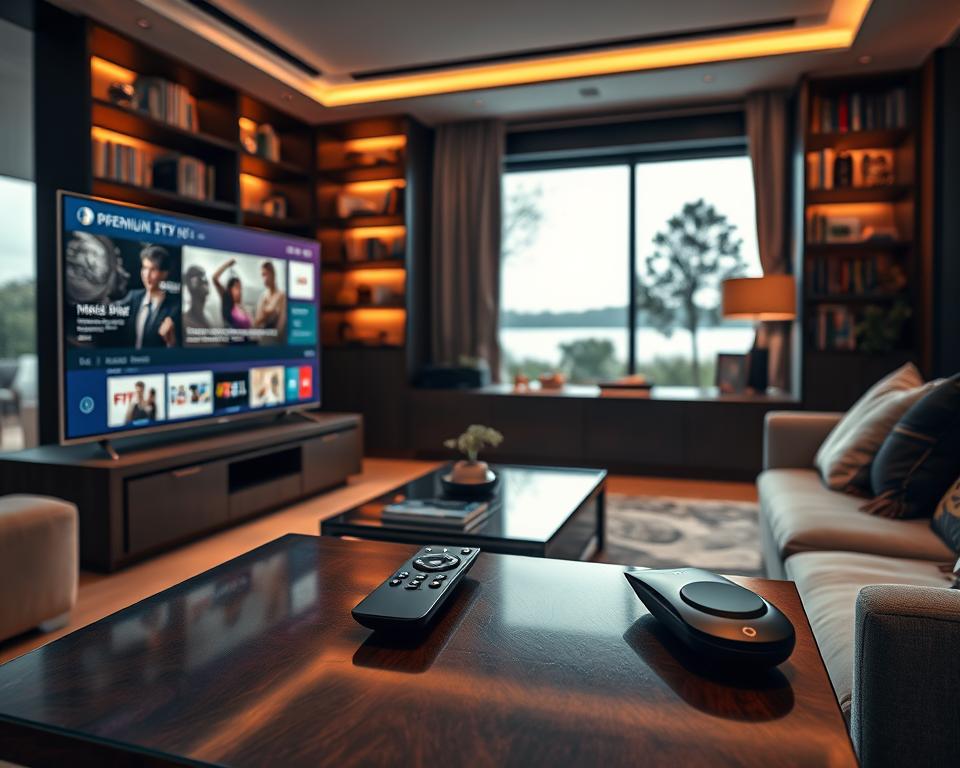 A luxurious living room setting, featuring an elegant sofa and a stylish coffee table adorned with a high-end remote control. In the foreground, a sleek television displays a vibrant screen showcasing various IPTV streaming options, emphasizing premium quality service. The middle layer includes ambient lighting with warm tones that highlight the rich textures of the furniture, creating a cozy yet sophisticated atmosphere. The background features a modern bookshelf filled with well-organized books and decorative items, as well as a large window revealing a serene outdoor view. The mood is inviting and upscale, suggesting a top-tier entertainment experience. The composition captures the essence of premium service in IPTV, with attention to detail and refinement. A luxurious living room setting, featuring an elegant sofa and a stylish coffee table adorned with a high-end remote control. In the foreground, a sleek television displays a vibrant screen showcasing various IPTV streaming options, emphasizing premium quality service. The middle layer includes ambient lighting with warm tones that highlight the rich textures of the furniture, creating a cozy yet sophisticated atmosphere. The background features a modern bookshelf filled with well-organized books and decorative items, as well as a large window revealing a serene outdoor view. The mood is inviting and upscale, suggesting a top-tier entertainment experience. The composition captures the essence of premium service in IPTV, with attention to detail and refinement.