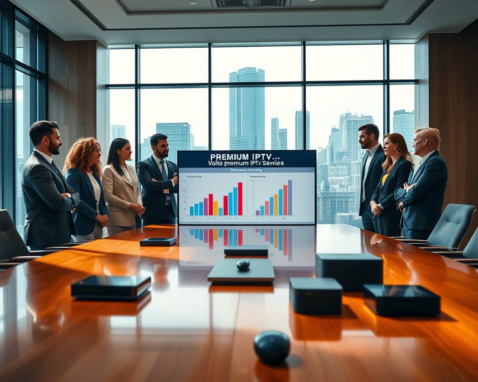 A luxurious office environment showcasing a modern meeting space. In the foreground, a diverse group of business professionals in smart casual attire discuss strategies, using a large digital screen displaying comparative graphs and sleek design elements of premium IPTV services. The middle ground features a glossy wooden conference table with tech gadgets and devices representing IPTV offerings. In the background, large windows reveal a vibrant city skyline under soft natural light, casting a professional yet inviting atmosphere. The image is captured with a slight focus on the group, emphasizing their dynamic interaction, while the overall mood conveys sophistication, innovation, and a competitive edge in a premium service market. A luxurious office environment showcasing a modern meeting space. In the foreground, a diverse group of business professionals in smart casual attire discuss strategies, using a large digital screen displaying comparative graphs and sleek design elements of premium IPTV services. The middle ground features a glossy wooden conference table with tech gadgets and devices representing IPTV offerings. In the background, large windows reveal a vibrant city skyline under soft natural light, casting a professional yet inviting atmosphere. The image is captured with a slight focus on the group, emphasizing their dynamic interaction, while the overall mood conveys sophistication, innovation, and a competitive edge in a premium service market.