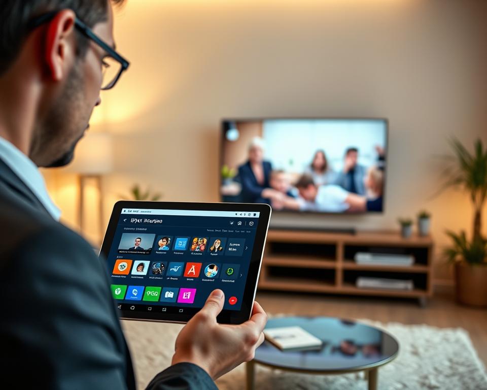 A modern IPTV configuration application interface displayed on a sleek tablet. In the foreground, the tablet is held by a person in professional business attire, showcasing their focused expression while interacting with the app. The middle layer includes a vibrant, intuitive user interface with colorful icons and buttons representing various IPTV features, such as channel selections and settings. In the background, a cozy, well-lit living room setting features a flat-screen TV displaying a lively scene from an IPTV channel, with soft ambient light adding warmth to the atmosphere. The composition creates a tech-savvy, engaging mood, illustrating the ease of configuring and using IPTV Smart Pro. A modern IPTV configuration application interface displayed on a sleek tablet. In the foreground, the tablet is held by a person in professional business attire, showcasing their focused expression while interacting with the app. The middle layer includes a vibrant, intuitive user interface with colorful icons and buttons representing various IPTV features, such as channel selections and settings. In the background, a cozy, well-lit living room setting features a flat-screen TV displaying a lively scene from an IPTV channel, with soft ambient light adding warmth to the atmosphere. The composition creates a tech-savvy, engaging mood, illustrating the ease of configuring and using IPTV Smart Pro.