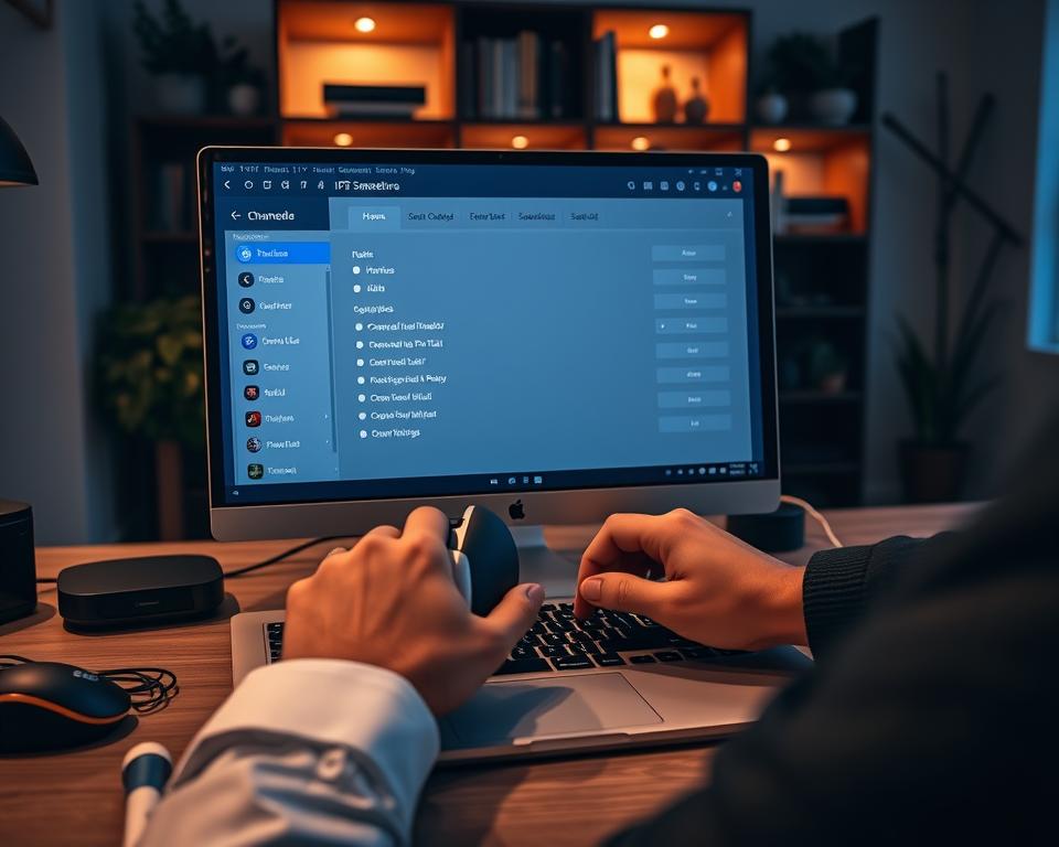 A modern Windows PC setup featuring the IPTV Smarters Pro application on the screen, showcasing the configuration interface. In the foreground, a sleek laptop with a high-resolution display illuminated by soft LED lighting, highlighting the user-friendly design of the app. A pair of hands, dressed in professional business attire, are engaged in configuring settings like channel list and streaming options. The middle layer includes a stylish desk with additional tech gadgets like a wireless keyboard and mouse. In the background, a cozy home office with warm ambient lighting, featuring shelves with books and plants, creating a welcoming atmosphere. The overall mood is productive and efficient, emphasizing ease of use and technical sophistication. A modern Windows PC setup featuring the IPTV Smarters Pro application on the screen, showcasing the configuration interface. In the foreground, a sleek laptop with a high-resolution display illuminated by soft LED lighting, highlighting the user-friendly design of the app. A pair of hands, dressed in professional business attire, are engaged in configuring settings like channel list and streaming options. The middle layer includes a stylish desk with additional tech gadgets like a wireless keyboard and mouse. In the background, a cozy home office with warm ambient lighting, featuring shelves with books and plants, creating a welcoming atmosphere. The overall mood is productive and efficient, emphasizing ease of use and technical sophistication.