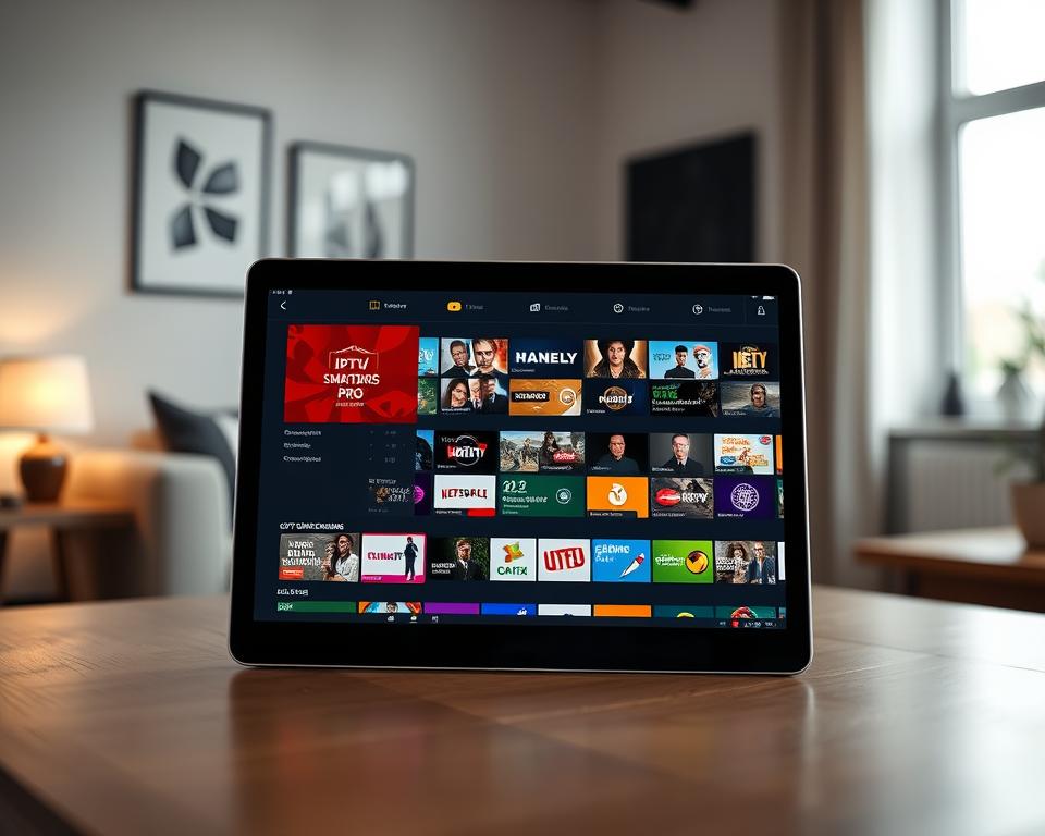 A modern and intuitive user interface of the IPTV Smarters Pro application displayed on a sleek tablet. In the foreground, focus on the tablet highlighting a vibrant, dynamic menu showcasing various channels and categories, with colorful thumbnails indicating live streaming options. The middle ground includes a slightly blurred desk environment with a cozy living room ambiance, featuring a comfortable couch and soft lighting from a nearby lamp, creating an inviting atmosphere. The background displays a clean wall with minimalistic decor, emphasizing tech sophistication. Natural light comes from a window, enhancing the usability of the app. The overall mood is innovative and user-friendly, perfect for discovering high-quality IPTV content. No text or branding is visible, maintaining a professional aesthetic. A modern and intuitive user interface of the IPTV Smarters Pro application displayed on a sleek tablet. In the foreground, focus on the tablet highlighting a vibrant, dynamic menu showcasing various channels and categories, with colorful thumbnails indicating live streaming options. The middle ground includes a slightly blurred desk environment with a cozy living room ambiance, featuring a comfortable couch and soft lighting from a nearby lamp, creating an inviting atmosphere. The background displays a clean wall with minimalistic decor, emphasizing tech sophistication. Natural light comes from a window, enhancing the usability of the app. The overall mood is innovative and user-friendly, perfect for discovering high-quality IPTV content. No text or branding is visible, maintaining a professional aesthetic.