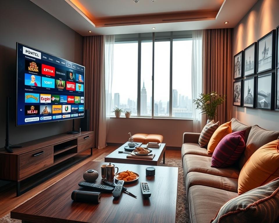 A modern and inviting living room with a large flat-screen TV displaying various international television channels. In the foreground, a stylish coffee table loaded with remote controls and snacks, hinting at a cozy movie night. The middle ground features comfortable sofas adorned with colorful cushions, creating a warm atmosphere. In the background, a large window with natural light streaming in, casting soft shadows throughout the room. The walls are decorated with framed images of iconic world landmarks, suggesting diverse cultures. The mood is relaxed and welcoming, with a focus on quality entertainment. The lighting is warm and inviting, capturing the essence of home entertainment. A modern and inviting living room with a large flat-screen TV displaying various international television channels. In the foreground, a stylish coffee table loaded with remote controls and snacks, hinting at a cozy movie night. The middle ground features comfortable sofas adorned with colorful cushions, creating a warm atmosphere. In the background, a large window with natural light streaming in, casting soft shadows throughout the room. The walls are decorated with framed images of iconic world landmarks, suggesting diverse cultures. The mood is relaxed and welcoming, with a focus on quality entertainment. The lighting is warm and inviting, capturing the essence of home entertainment.
