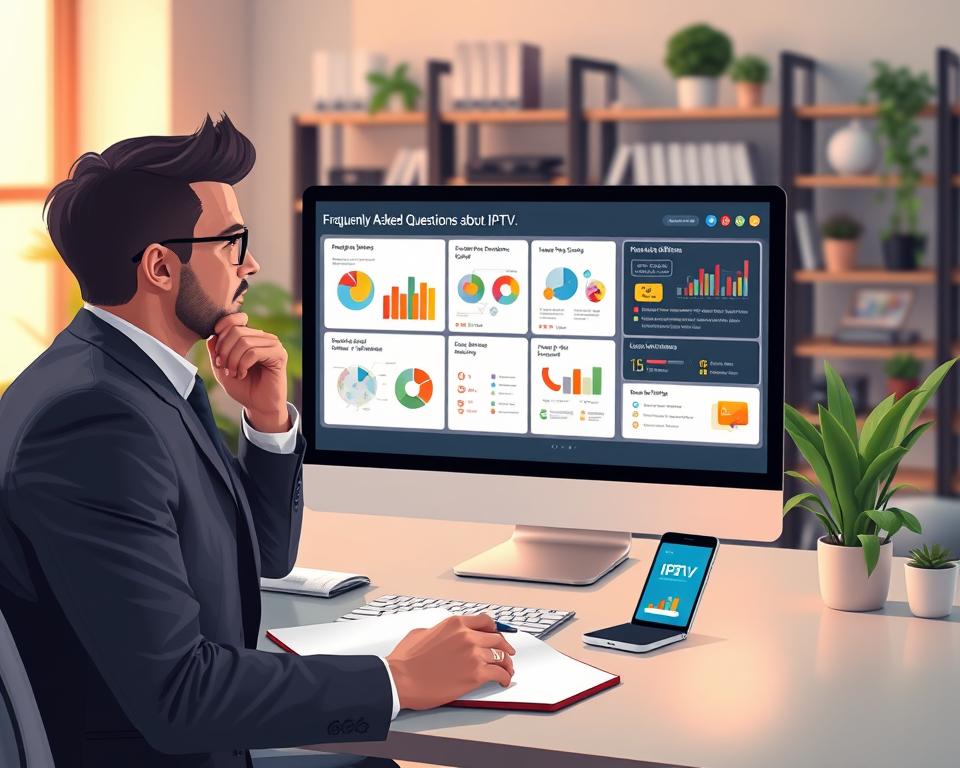 A modern and sleek digital illustration depicting a workspace focused on IPTV subscriptions, featuring a computer screen displaying colorful infographics related to frequently asked questions about IPTV services. In the foreground, a professional in smart business attire is analyzing charts and data with a thoughtful expression. In the middle ground, a stylish desk with a notebook, pen, and a smartphone displays the latest IPTV subscription offers. The background features a softly blurred office environment with shelves of tech books and plants, creating a cozy yet professional atmosphere. Warm ambient lighting enhances the inviting mood, while a subtle focus directs attention to the computer screen and the engaged individual, inviting viewers to explore the topic further. A modern and sleek digital illustration depicting a workspace focused on IPTV subscriptions, featuring a computer screen displaying colorful infographics related to frequently asked questions about IPTV services. In the foreground, a professional in smart business attire is analyzing charts and data with a thoughtful expression. In the middle ground, a stylish desk with a notebook, pen, and a smartphone displays the latest IPTV subscription offers. The background features a softly blurred office environment with shelves of tech books and plants, creating a cozy yet professional atmosphere. Warm ambient lighting enhances the inviting mood, while a subtle focus directs attention to the computer screen and the engaged individual, inviting viewers to explore the topic further.
