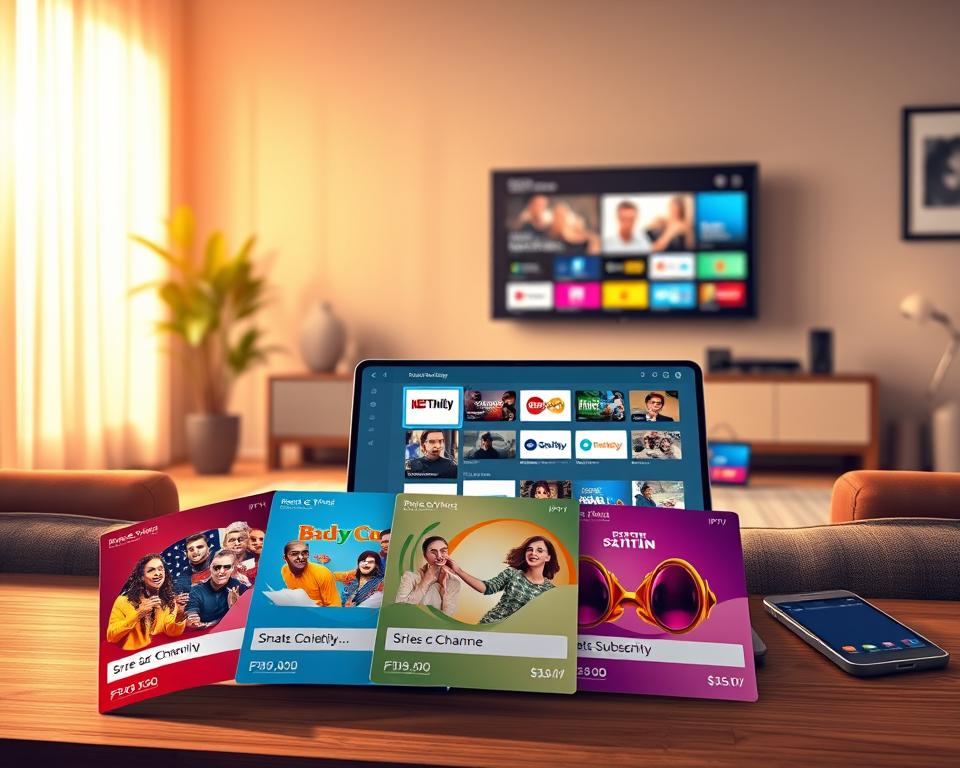 A modern and sleek digital illustration showcasing various IPTV subscription plans. In the foreground, several colorful subscription cards with distinct designs representing different TV packages, visually appealing icons for channels, and prices displayed prominently. In the middle ground, a stylish, minimalist setup with a laptop open to a streaming service interface, surrounded by smart devices like a smartphone and tablet. The background displays a cozy living room with a large flat-screen TV mounted on the wall, softly illuminated by warm ambient lighting. The mood is inviting and sophisticated, suggesting premium home entertainment. Use a wide-angle perspective to create depth, and capture the scene in a bright and vibrant color palette, highlighting the excitement of choosing an IPTV subscription. A modern and sleek digital illustration showcasing various IPTV subscription plans. In the foreground, several colorful subscription cards with distinct designs representing different TV packages, visually appealing icons for channels, and prices displayed prominently. In the middle ground, a stylish, minimalist setup with a laptop open to a streaming service interface, surrounded by smart devices like a smartphone and tablet. The background displays a cozy living room with a large flat-screen TV mounted on the wall, softly illuminated by warm ambient lighting. The mood is inviting and sophisticated, suggesting premium home entertainment. Use a wide-angle perspective to create depth, and capture the scene in a bright and vibrant color palette, highlighting the excitement of choosing an IPTV subscription.