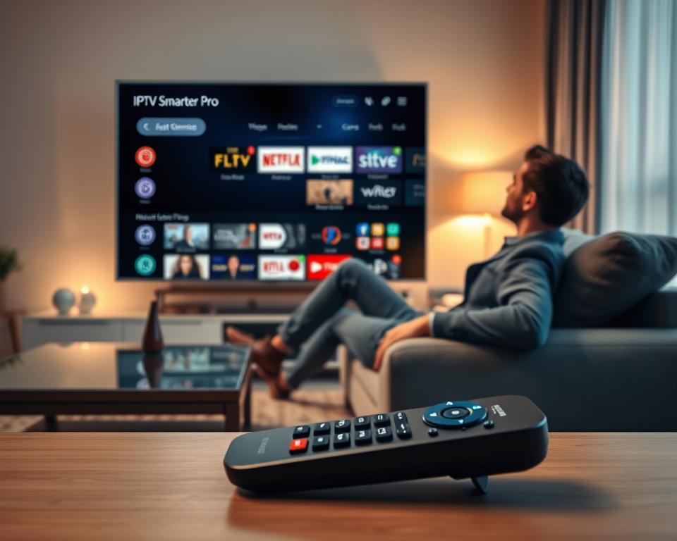 A modern and sleek digital representation of a smart TV showcasing the IPTV Smarter Pro application interface. In the foreground, a remote control with vibrant buttons is placed on a stylish coffee table. The middle ground features a person in professional casual attire, leaning back on a contemporary sofa, deeply engaged with the TV screen that displays various IPTV channels and features, radiating a warm glow. In the background, a cozy living room is tastefully decorated with soft lighting, creating an inviting atmosphere. The scene captures the advantages of streaming television with a sense of comfort and technology, emphasizing easy access to content and user-friendly navigation. The overall mood is relaxed yet sophisticated, reflecting a modern lifestyle focused on entertainment. A modern and sleek digital representation of a smart TV showcasing the IPTV Smarter Pro application interface. In the foreground, a remote control with vibrant buttons is placed on a stylish coffee table. The middle ground features a person in professional casual attire, leaning back on a contemporary sofa, deeply engaged with the TV screen that displays various IPTV channels and features, radiating a warm glow. In the background, a cozy living room is tastefully decorated with soft lighting, creating an inviting atmosphere. The scene captures the advantages of streaming television with a sense of comfort and technology, emphasizing easy access to content and user-friendly navigation. The overall mood is relaxed yet sophisticated, reflecting a modern lifestyle focused on entertainment.