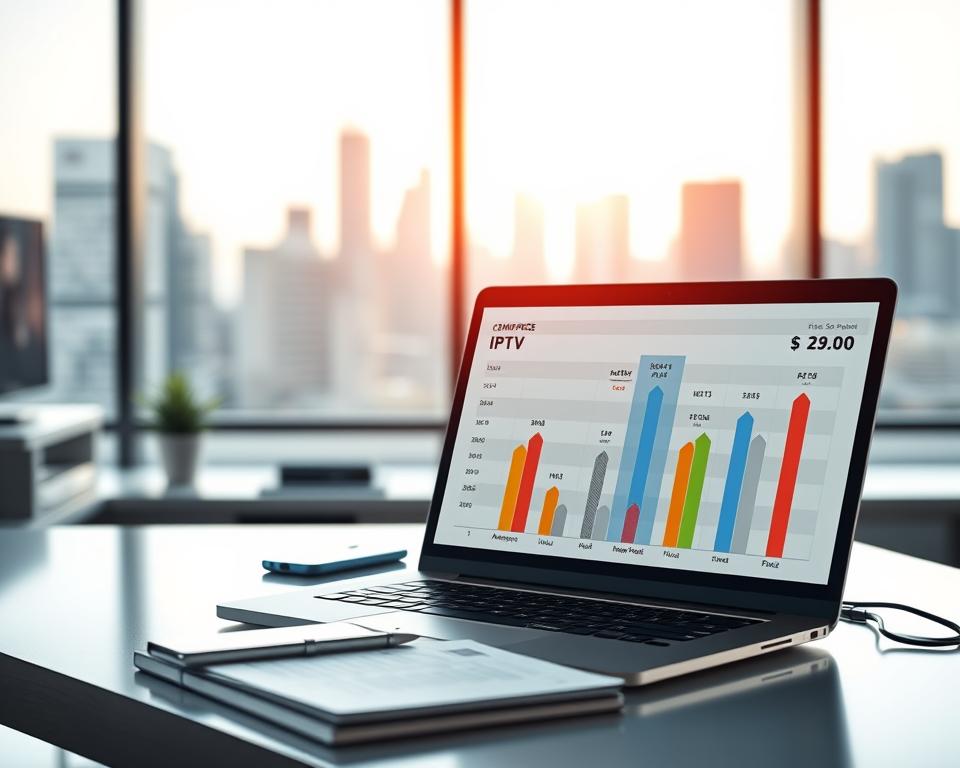 A modern and sleek digital workspace showcasing a comparative price chart of IPTV streaming platforms. In the foreground, a stylish laptop displays colorful graphs and icons representing various streaming services (like Netflix, Hulu, Amazon Prime). The middle ground features a clean desk with a smartphone and notebooks, symbolizing subscription plans. In the background, a soft-focus city skyline through a large window hints at a contemporary urban environment. Bright, natural lighting filters in, creating an inviting and professional atmosphere. A wide-angle view captures the essence of technology and innovation in the IPTV landscape, conveying accessibility and reliability. The image should evoke a sense of clarity and modernity, perfect for illustrating subscription options and pricing in the IPTV service sector. A modern and sleek digital workspace showcasing a comparative price chart of IPTV streaming platforms. In the foreground, a stylish laptop displays colorful graphs and icons representing various streaming services (like Netflix, Hulu, Amazon Prime). The middle ground features a clean desk with a smartphone and notebooks, symbolizing subscription plans. In the background, a soft-focus city skyline through a large window hints at a contemporary urban environment. Bright, natural lighting filters in, creating an inviting and professional atmosphere. A wide-angle view captures the essence of technology and innovation in the IPTV landscape, conveying accessibility and reliability. The image should evoke a sense of clarity and modernity, perfect for illustrating subscription options and pricing in the IPTV service sector.
