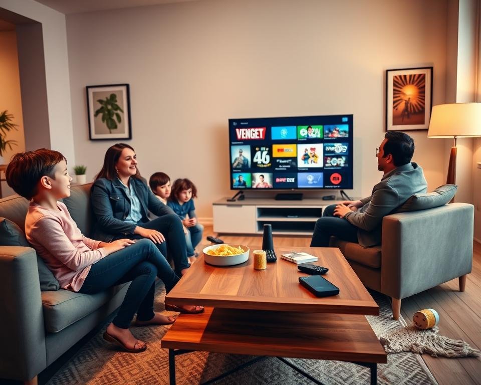 A modern and sleek living room setting depicting a family enjoying their IPTV Smarters subscription. In the foreground, a joyful family of four - a mom and dad in smart casual attire, and two kids, one boy and one girl, comfortably seated on a plush couch with a large flat-screen TV displaying various colorful TV channels. In the middle ground, a stylish wooden coffee table is scattered with snacks and remote controls. The background features a tastefully decorated room with soft lighting, warm colors, and contemporary artwork on the walls, creating a cozy atmosphere. The scene captures a moment of connection and entertainment, emphasizing the accessibility and enjoyment of online TV options. Use bright and inviting lighting to enhance the warmth of the setting while maintaining a clear focus on the family and their entertainment experience.