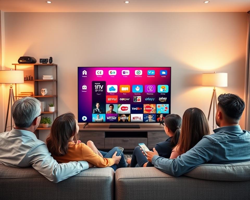 A modern and sleek living room setting where a family enjoys IPTV streaming on a large flat-screen TV. In the foreground, a diverse family, dressed in professional casual attire, sits comfortably on a stylish sofa, fully engaged with the vibrant content on the screen. The middle ground features the TV showcasing a vibrant interface displaying various streaming options, icons, and a colorful grid layout that represents entertainment channels. The background includes a stylish bookshelf filled with gadgets and decor items, bathed in soft, warm lighting from a nearby lamp, creating a cozy atmosphere. The overall mood is lively and modern, emphasizing the innovative features of IPTV Streaming Pro in a welcoming home environment, captured with a natural lens from a slightly elevated angle. A modern and sleek living room setting where a family enjoys IPTV streaming on a large flat-screen TV. In the foreground, a diverse family, dressed in professional casual attire, sits comfortably on a stylish sofa, fully engaged with the vibrant content on the screen. The middle ground features the TV showcasing a vibrant interface displaying various streaming options, icons, and a colorful grid layout that represents entertainment channels. The background includes a stylish bookshelf filled with gadgets and decor items, bathed in soft, warm lighting from a nearby lamp, creating a cozy atmosphere. The overall mood is lively and modern, emphasizing the innovative features of IPTV Streaming Pro in a welcoming home environment, captured with a natural lens from a slightly elevated angle.