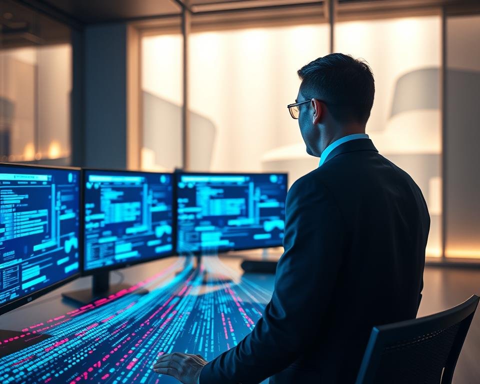 A modern and sleek office environment illustrating "data streaming security." In the foreground, a professional wearing business attire attentively monitors multiple screens displaying secure data flows and network connections in vibrant blue hues. In the middle ground, a digital representation of streaming data flows, represented as colorful lines and encrypted code streams, creating a dynamic sense of movement and security. The background features abstract digital walls, softly lit with ambient lighting that suggests a high-tech, safe atmosphere. Use a wide-angle lens perspective to capture the depth of the office. The overall mood is focused, innovative, and secure, symbolizing trust in data management practices within the IPTV sector. A modern and sleek office environment illustrating "data streaming security." In the foreground, a professional wearing business attire attentively monitors multiple screens displaying secure data flows and network connections in vibrant blue hues. In the middle ground, a digital representation of streaming data flows, represented as colorful lines and encrypted code streams, creating a dynamic sense of movement and security. The background features abstract digital walls, softly lit with ambient lighting that suggests a high-tech, safe atmosphere. Use a wide-angle lens perspective to capture the depth of the office. The overall mood is focused, innovative, and secure, symbolizing trust in data management practices within the IPTV sector.
