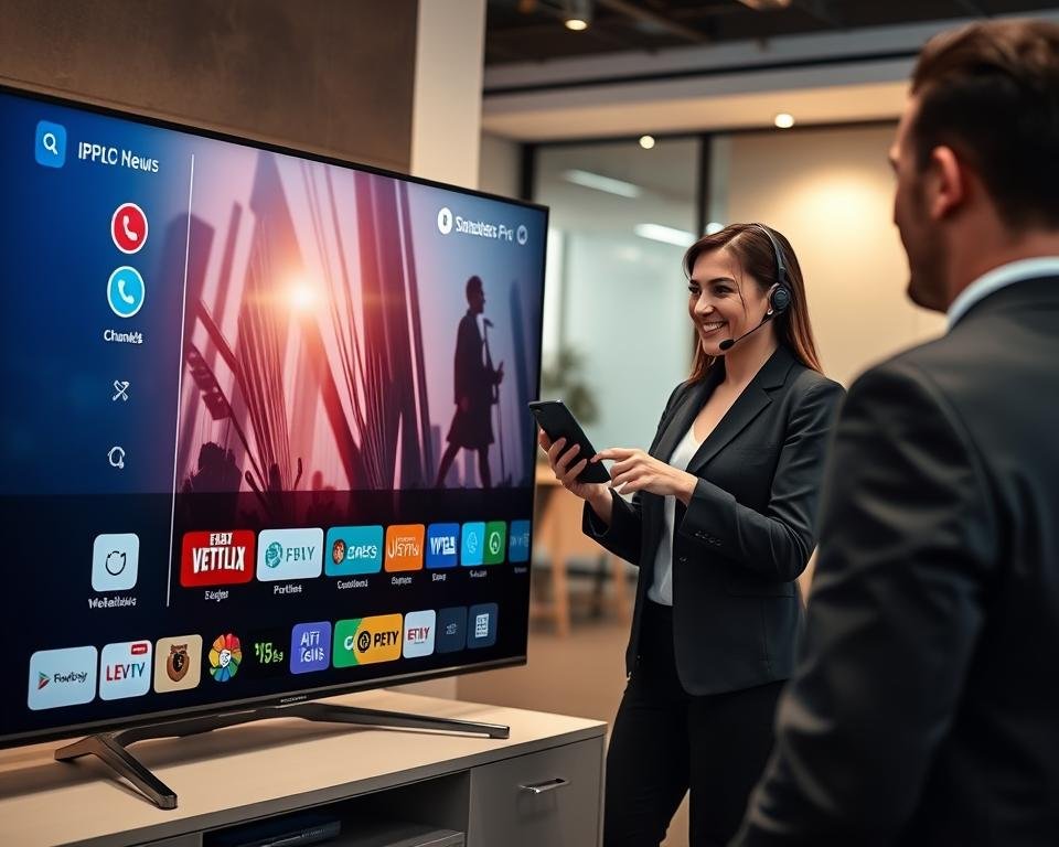 A modern and sleek representation of IPTV Smarters Pro subscription offers. In the foreground, display a high-quality digital screen showcasing a stylish user interface of the IPTV service, featuring vibrant icons and a variety of channels. In the middle ground, include a well-dressed customer service representative engaged in a friendly conversation, holding a smartphone, symbolizing the WhatsApp support feature. The background should feature a contemporary office setting with soft lighting, emphasizing a warm and inviting atmosphere. Use a wide-angle lens to capture the entire scene, ensuring clear visibility of the IPTV display and the representative. The overall mood should convey professionalism, reliability, and modern technology. A modern and sleek representation of IPTV Smarters Pro subscription offers. In the foreground, display a high-quality digital screen showcasing a stylish user interface of the IPTV service, featuring vibrant icons and a variety of channels. In the middle ground, include a well-dressed customer service representative engaged in a friendly conversation, holding a smartphone, symbolizing the WhatsApp support feature. The background should feature a contemporary office setting with soft lighting, emphasizing a warm and inviting atmosphere. Use a wide-angle lens to capture the entire scene, ensuring clear visibility of the IPTV display and the representative. The overall mood should convey professionalism, reliability, and modern technology.