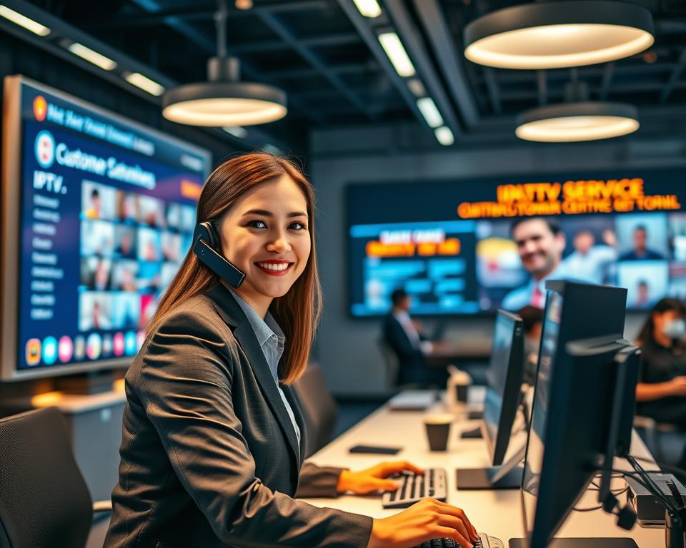 A modern and sleek service desk for a dedicated IPTV customer support center, showcasing a professional representative dressed in business attire, focused on assisting clients via a computer and a smartphone. The foreground features the representative with a friendly expression, illuminated by soft overhead lighting that creates a warm and inviting atmosphere. In the middle, a well-organized workspace with large screens displaying IPTV channel options and customer service metrics. The background contains blurred images of happy customers enjoying their IPTV experience, suggesting a 24/7 service commitment. The overall mood conveys professionalism, reliability, and accessibility in a vibrant, tech-savvy environment, with a focus on customer satisfaction. A modern and sleek service desk for a dedicated IPTV customer support center, showcasing a professional representative dressed in business attire, focused on assisting clients via a computer and a smartphone. The foreground features the representative with a friendly expression, illuminated by soft overhead lighting that creates a warm and inviting atmosphere. In the middle, a well-organized workspace with large screens displaying IPTV channel options and customer service metrics. The background contains blurred images of happy customers enjoying their IPTV experience, suggesting a 24/7 service commitment. The overall mood conveys professionalism, reliability, and accessibility in a vibrant, tech-savvy environment, with a focus on customer satisfaction.