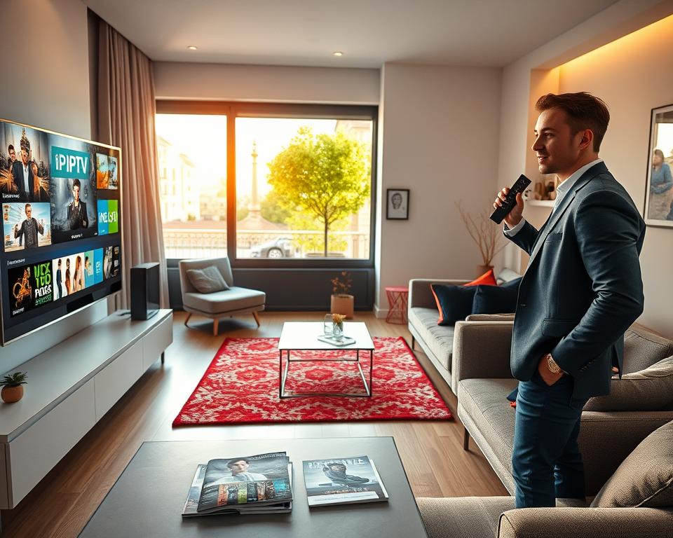 A modern and stylish living room in France, showcasing a sleek television displaying various IPTV channels. In the foreground, a professional-looking individual, dressed in smart casual attire, interacts with a remote control, displaying an engaged expression. In the middle ground, elegant furnishings with a cozy sofa, a vibrant rug, and a coffee table adorned with technology magazines. The background features a large window allowing warm, natural light to flood the room, with a beautiful view of a picturesque French street. The atmosphere is relaxed yet sophisticated, perfect for enjoying IPTV services. The lighting is soft and inviting, creating a comfortable ambiance that illustrates the concept of specialized IPTV services in a French context. A modern and stylish living room in France, showcasing a sleek television displaying various IPTV channels. In the foreground, a professional-looking individual, dressed in smart casual attire, interacts with a remote control, displaying an engaged expression. In the middle ground, elegant furnishings with a cozy sofa, a vibrant rug, and a coffee table adorned with technology magazines. The background features a large window allowing warm, natural light to flood the room, with a beautiful view of a picturesque French street. The atmosphere is relaxed yet sophisticated, perfect for enjoying IPTV services. The lighting is soft and inviting, creating a comfortable ambiance that illustrates the concept of specialized IPTV services in a French context.
