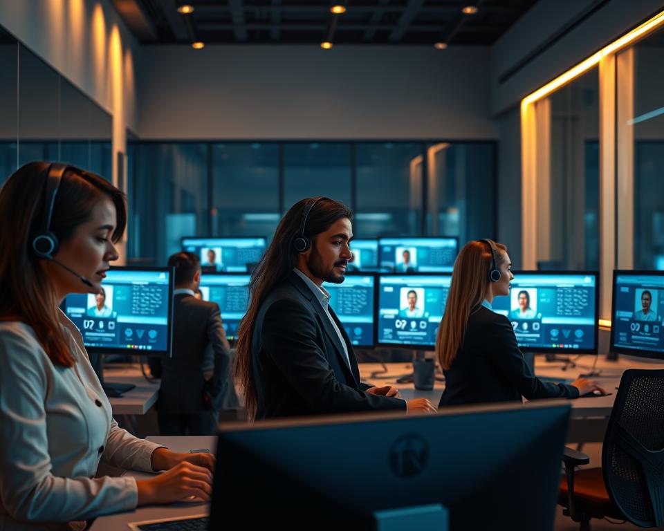 A modern customer support center set at night, illuminated by soft, warm lighting. In the foreground, a diverse group of three professionals in smart business attire, intently engaging with their computers, showcasing teamwork and dedication. The middle layer features customer service representatives, surrounded by multiple screens displaying a user-friendly interface of an IPTV application, emphasizing 24/7 availability. In the background, a sleek office space with minimalist design and calming blue tones, reflecting a professional atmosphere. The scene conveys a sense of reliability and responsiveness, with light casting gentle shadows to evoke a feeling of trust and support. The overall mood is focused, optimistic, and efficient.